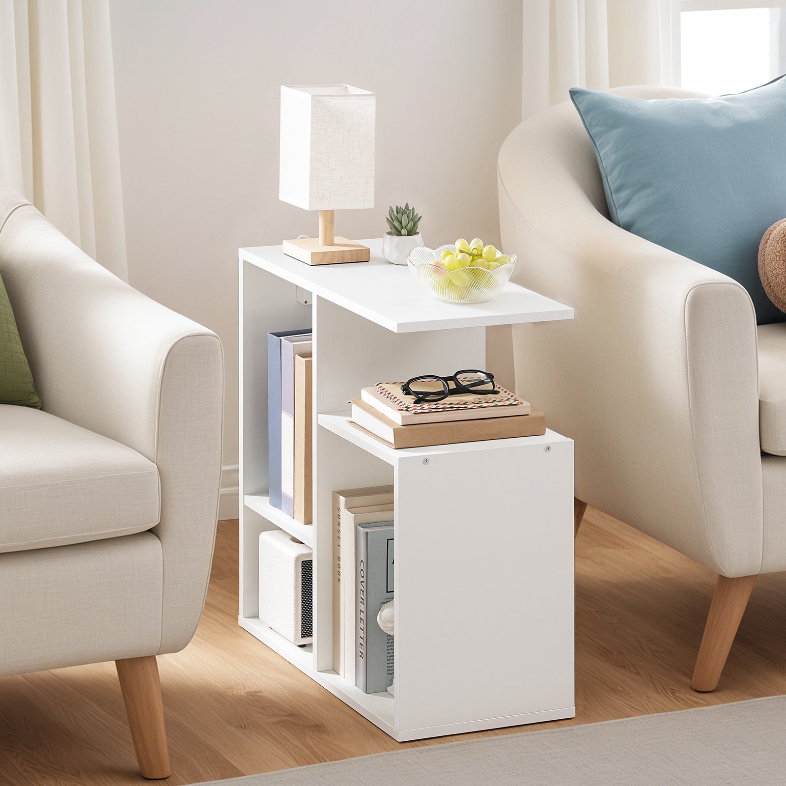 Special Shaped Side Table with Charging Station, with USB Ports and Outlets, Bedside Tables with Storage Shelf for Living Room