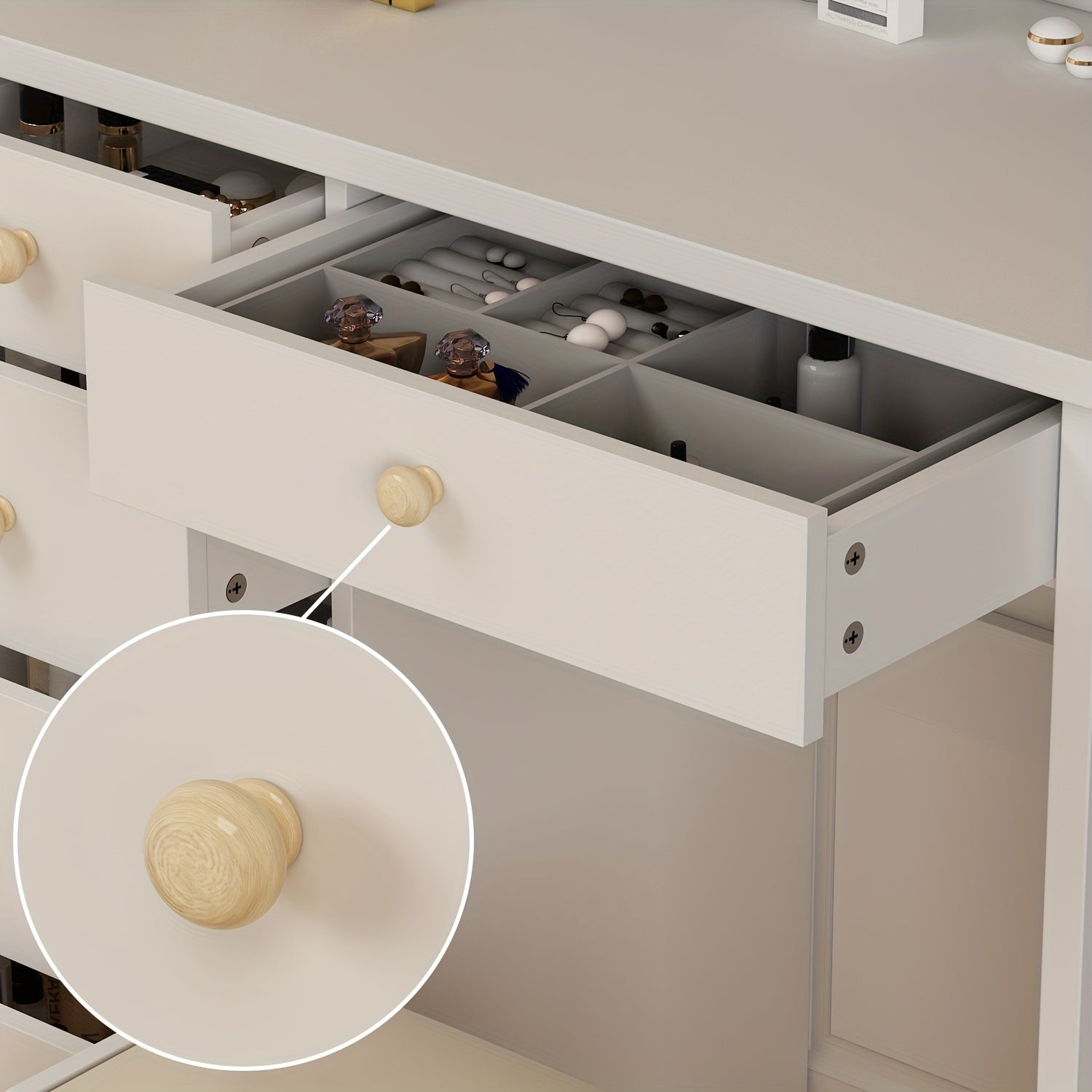 Elegant Makeup Vanity Modern Elegant Makeup Vanity with 5 Drawers | Round Mirror, Stool & Open Storage Shelves - Bedroom Dressing Table