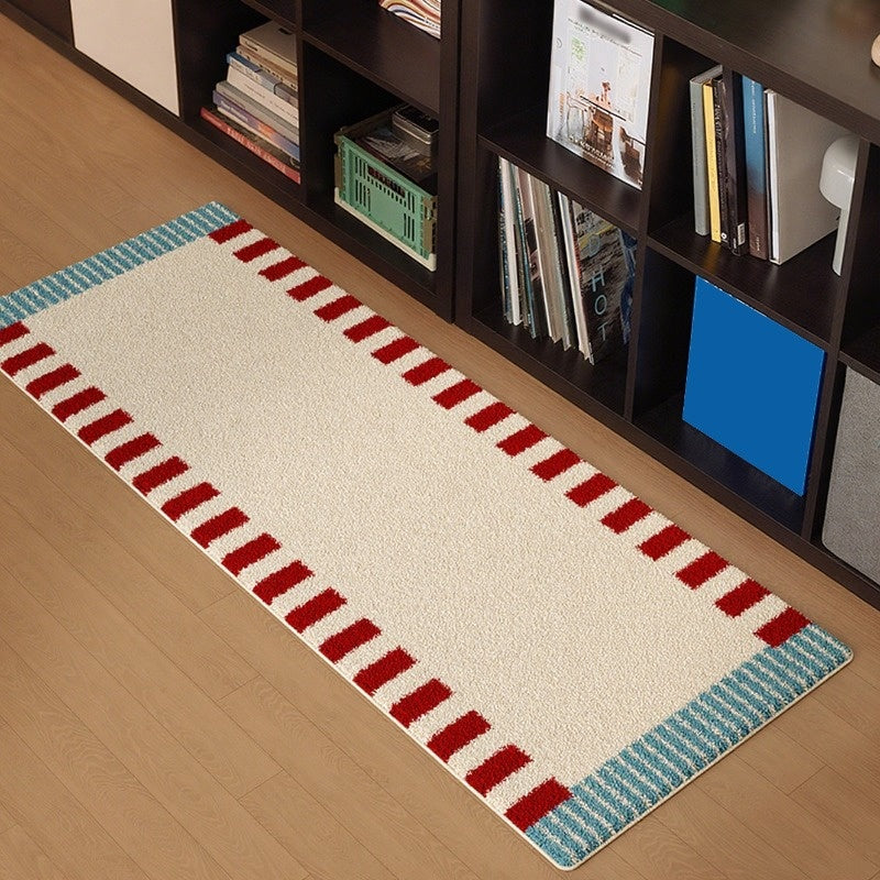 1pc Memphis Runner Mat - Extra Thick 10mm Plush Mat with Non-Slip Backing, Soft Beige, Red