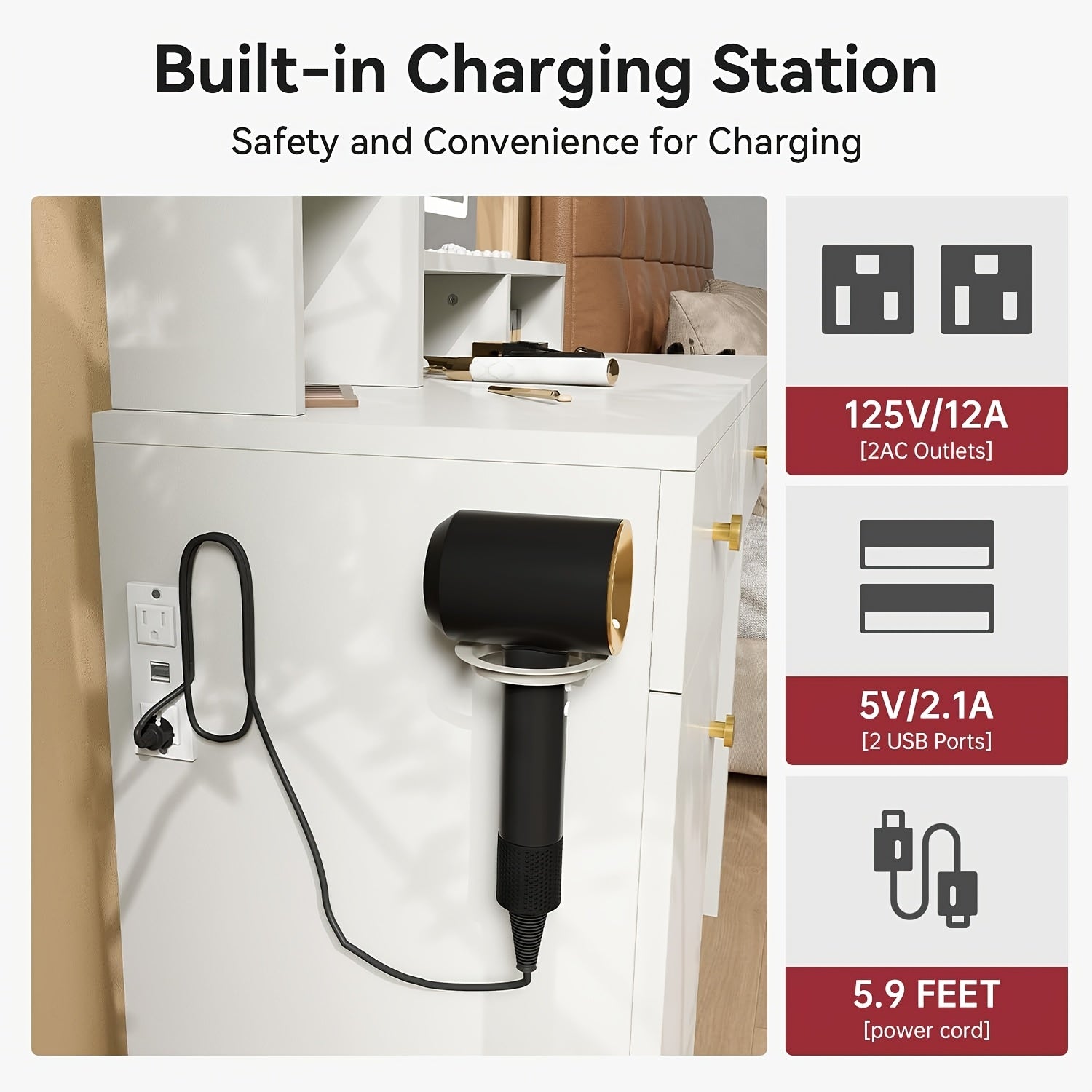 Oneinmil Vanity Table with LED Lights & Mirror - White Makeup Desk with Storage Drawers, Side Bag