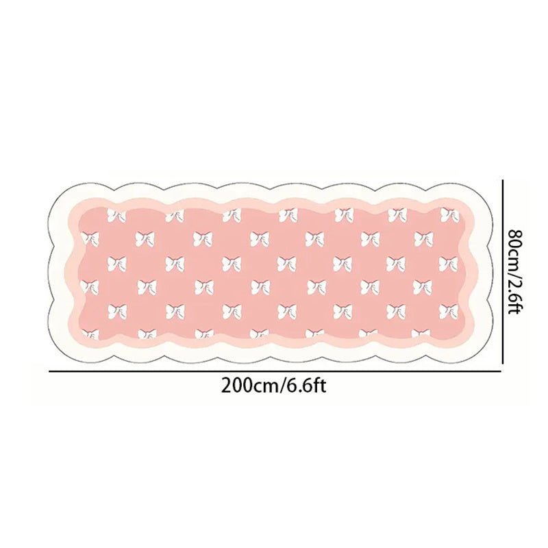 1pc Extra Long Soft Plush Mat - Pastel Pink Floor Mat with Bow Accent, Large Irregular Shape Bedside Mat for Bedroom, Living Room
