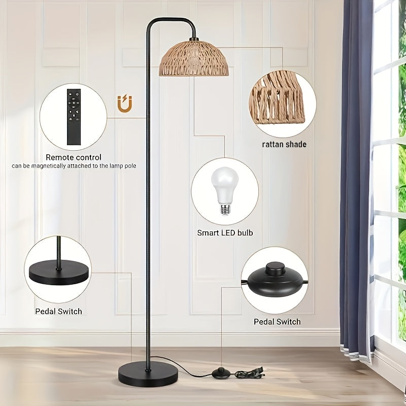 Rattan Floor Lamp, 68'Standing Lamp for Living Room with 3 Color Temperatures Adjustable Tall Reading Lamp for Bedroom Office