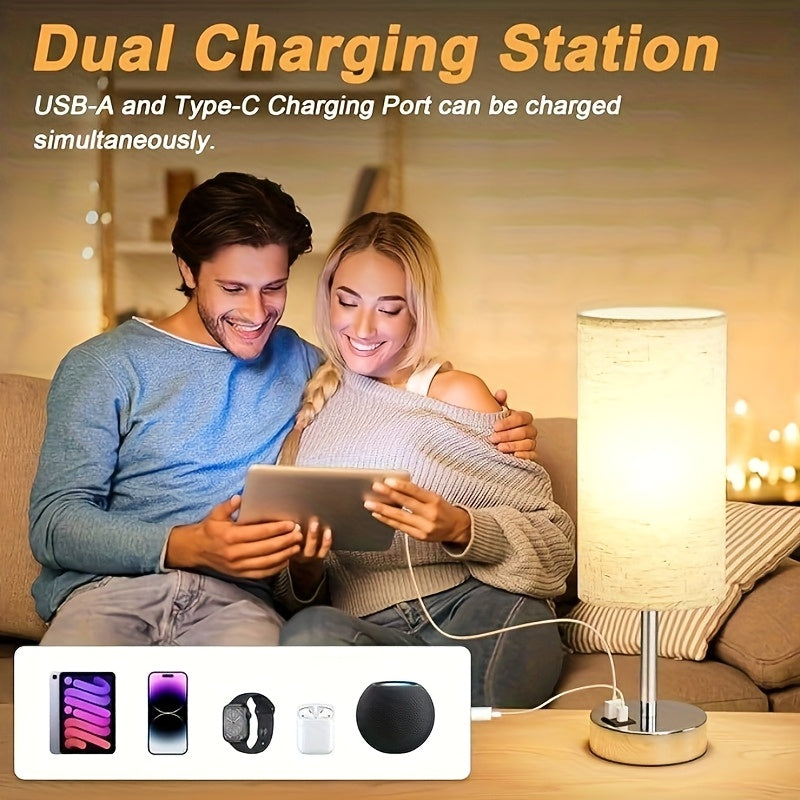 1\u002F2pcs Modern Bedside Table Lamp with Touch Control, 3-Way Dimmable, USB-C Charging Ports & AC Outlet