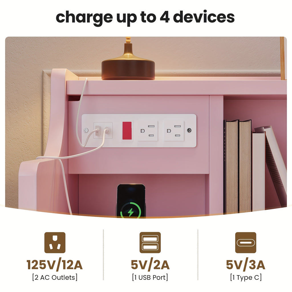 Three Drawer Pink Nightstand with Charging Station