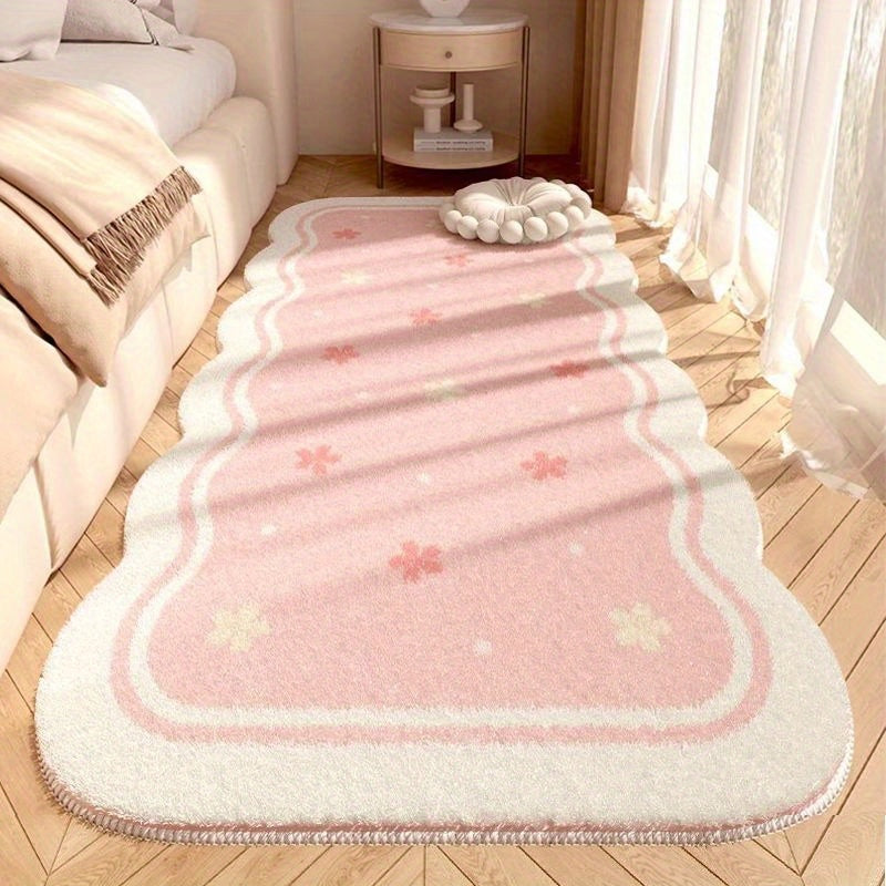 1pc Plush Soft Pink Floral Area Mat - 10mm Thick, Non-Slip, Irregular Shape, Modern Simple Design for Bedroom