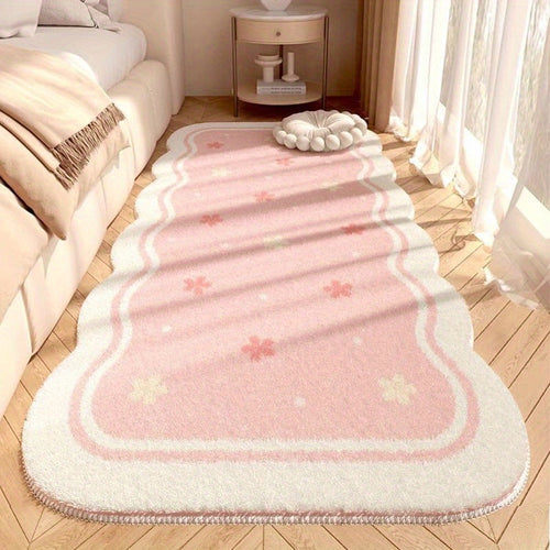 1pc Plush Soft Pink Floral Area Mat - 10mm Thick, Non-Slip, Irregular Shape, Modern Simple Design for Bedroom