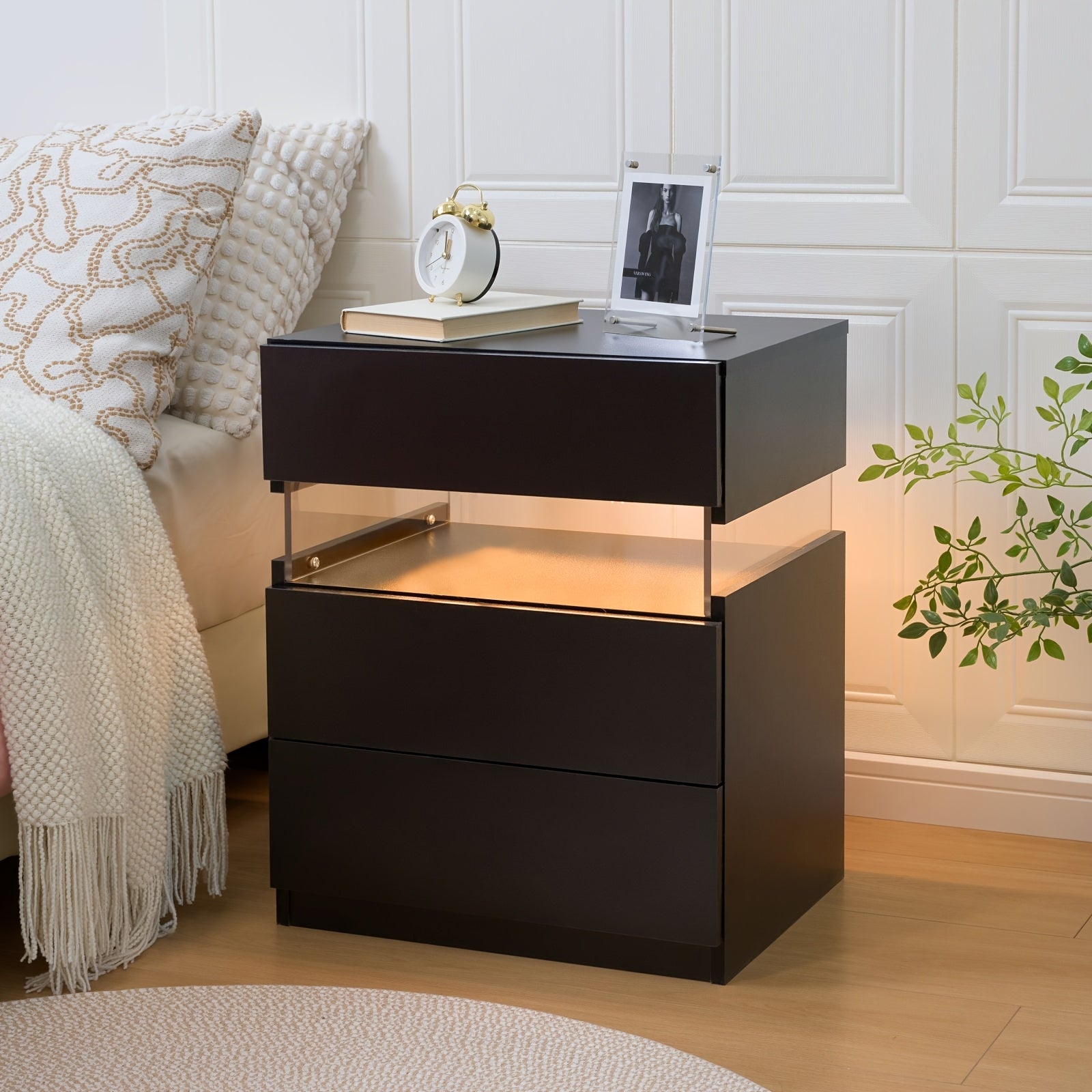 Modern LED Bedside Table with 2 Drawers - White Wooden Nightstand, 3.2+ Cubic Feet Storage, 27\