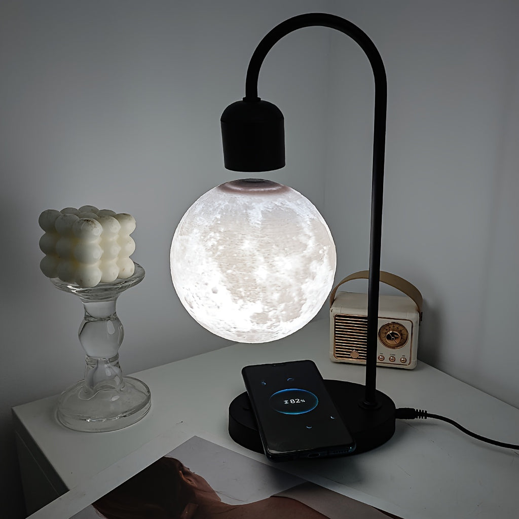 1pc Magnetic Floating Moon Lamp, Table Lamp, Desk Lamp, 15w Wireless Phone Charger, 3-color Adjustable