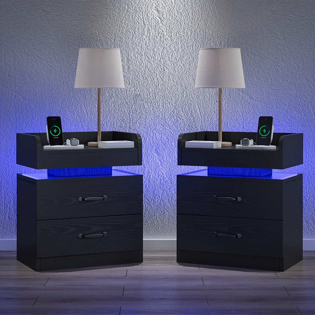 Black Nightstand with Charging Station, Night Stand with LED Lights, Modern LED End Table Nightstand for Bedroom
