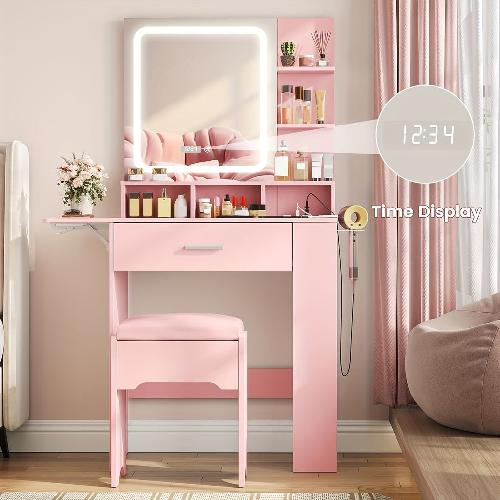 Elegant Hardwood Dressing Table with Mirror, Lighting, and Charging Station for Bedroom Organization