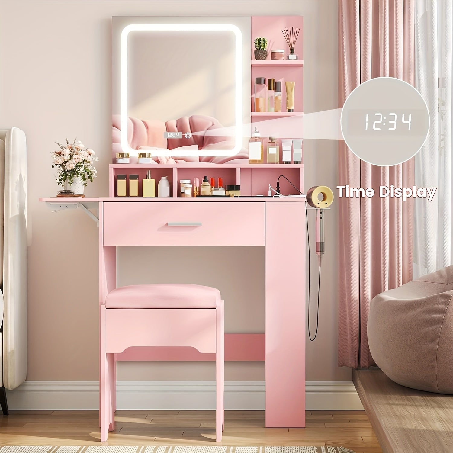 Elegant Hardwood Dressing Table with Mirror, Lighting, and Charging Station for Bedroom Organization