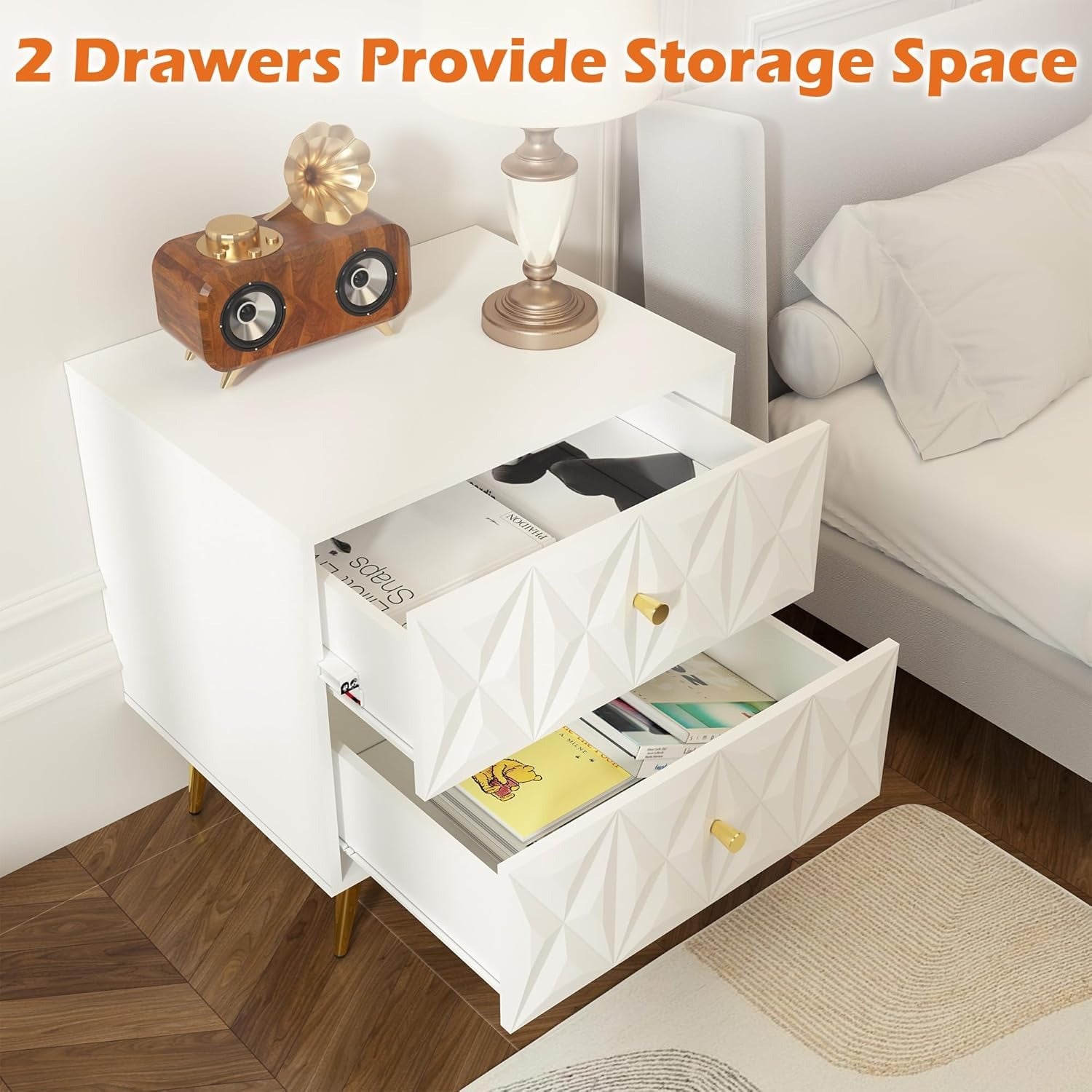 Nightstand, Nightstands with 2 Diamond Pattern Drawers, Modern End Table Side Table with Golden Handle & Legs