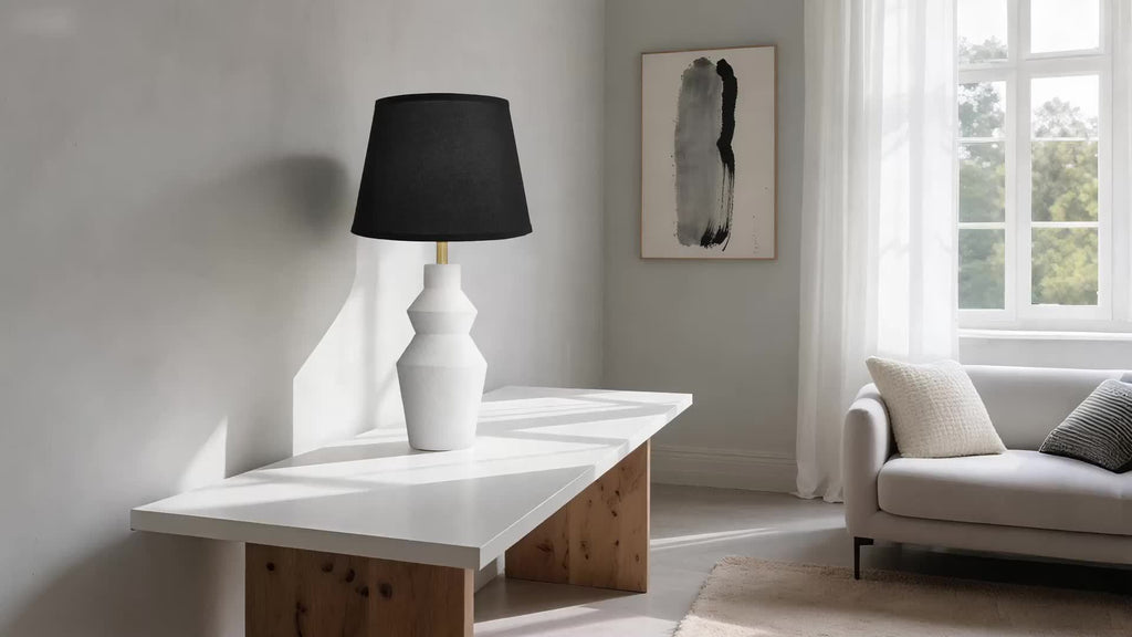 Modern Farmhouse Table Lamp with White Cement Base & Black Linen Shade - Rustic Single Bedside Lamp with Switch
