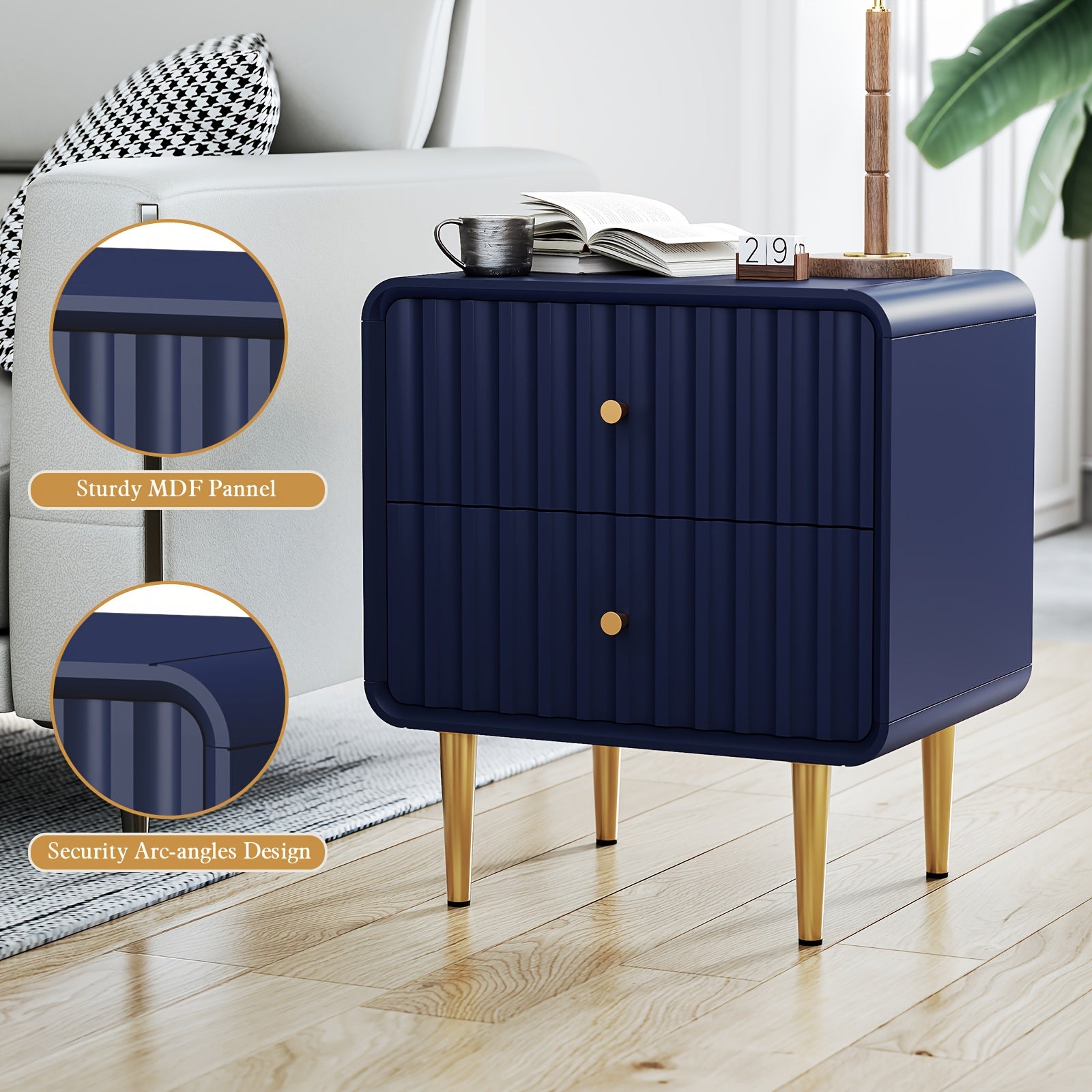 Blue Modern Nightstand, Fluted Bed Side Table With 2 Drawers Storage, Wood End Table With Golden Metal Handle, Night Stands For Bedroom