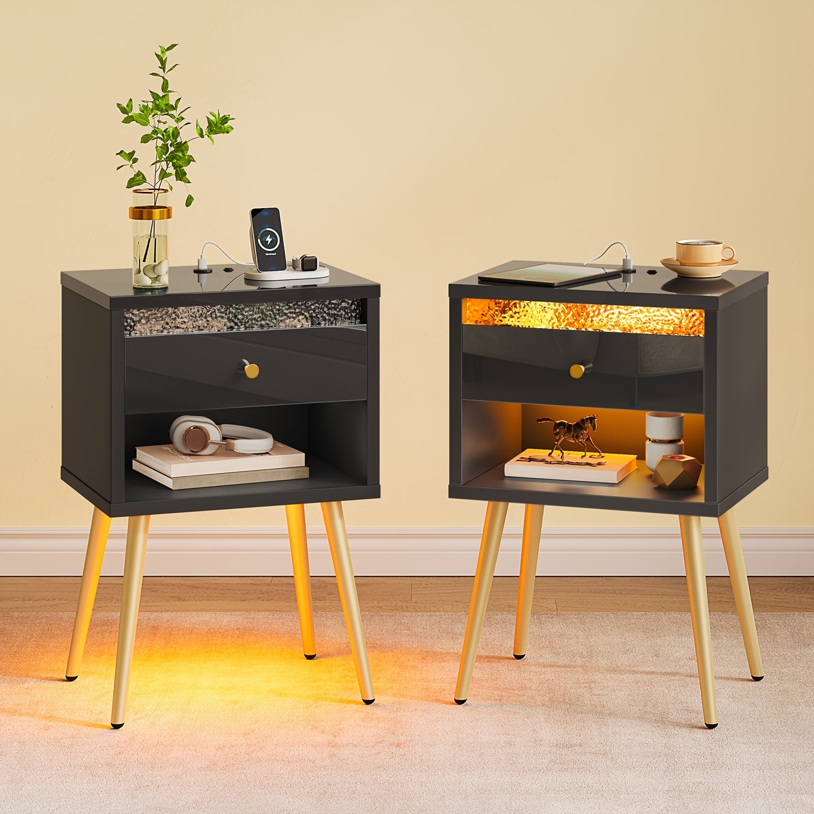 Pinmoco Set of 2 Nightstands with USB Charging Ports, Modern High Gloss Night Stand with LED Lights