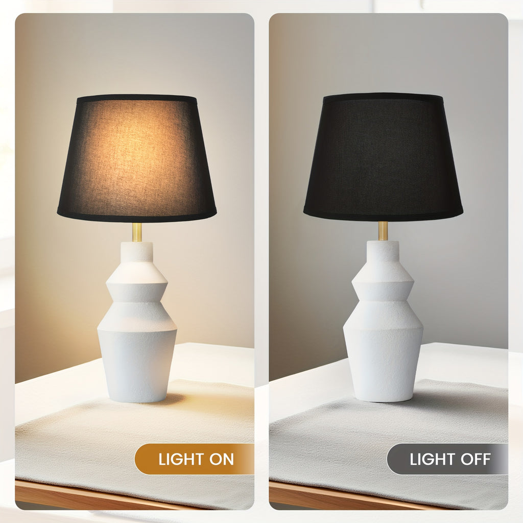 Modern Farmhouse Table Lamp with White Cement Base & Black Linen Shade - Rustic Single Bedside Lamp with Switch