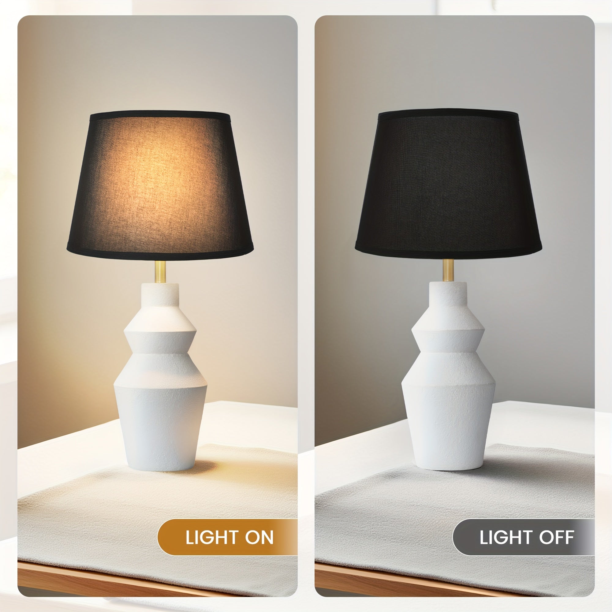 Modern Farmhouse Table Lamp with White Cement Base & Black Linen Shade - Rustic Single Bedside Lamp with Switch