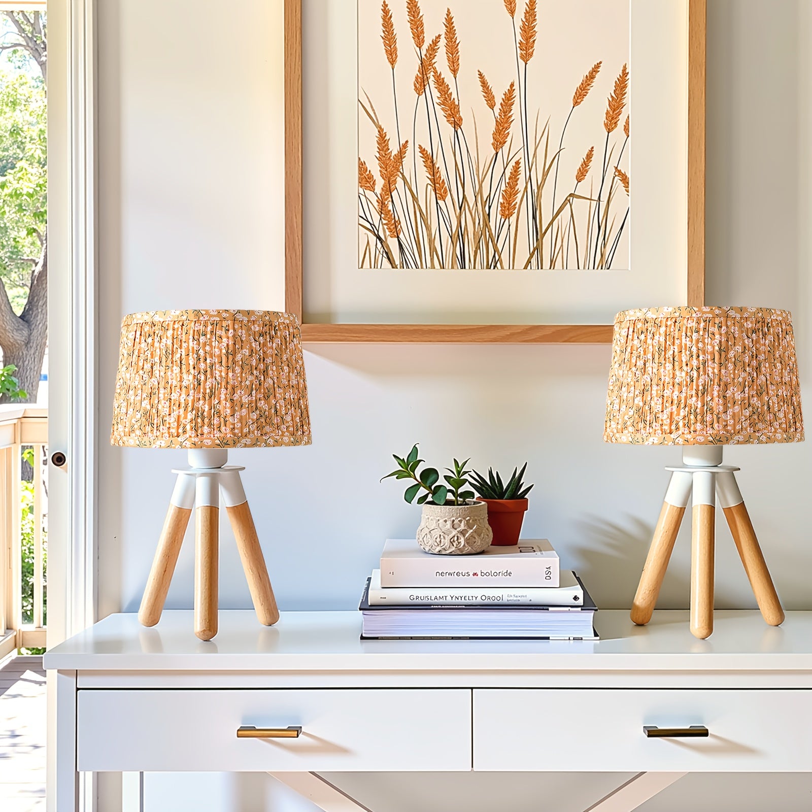 14 Inch Wooden Tripod Table Lamp with Green Ditsy Floral Shade - Cute Boho Nightstand Lamp for Girls Bedroom