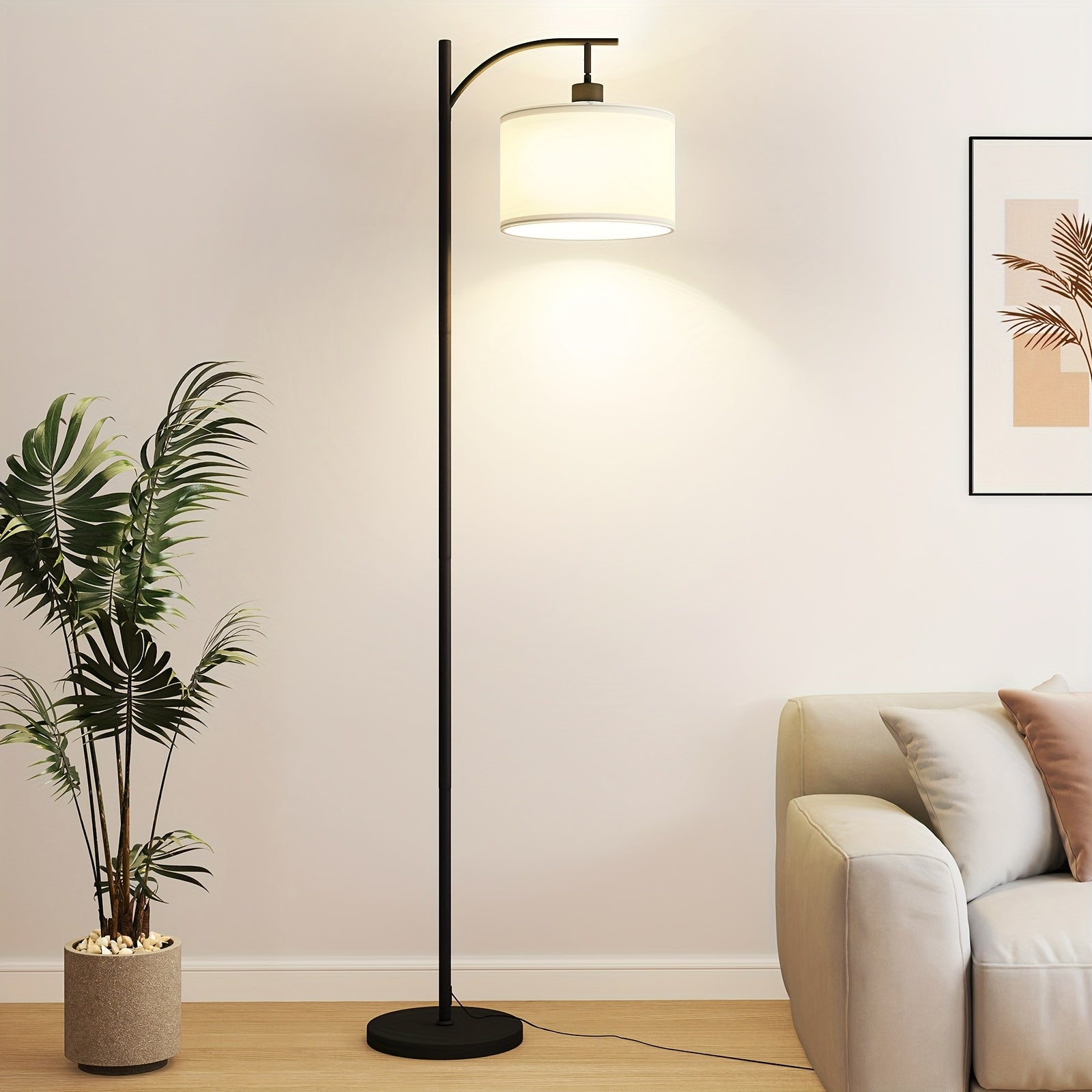 Modern Industrial Floor Lamp With Foot Wwitch - Polished Metal, Includes Beige Shade For Living Room