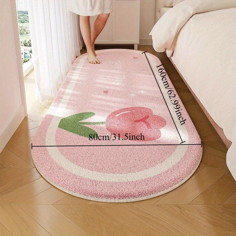 French Cream Style Bedroom Decorative Bedside Mat, 1000g Faux Cashmere + 10mm Thick, Cute Pink Floral Living Room Plush Mat