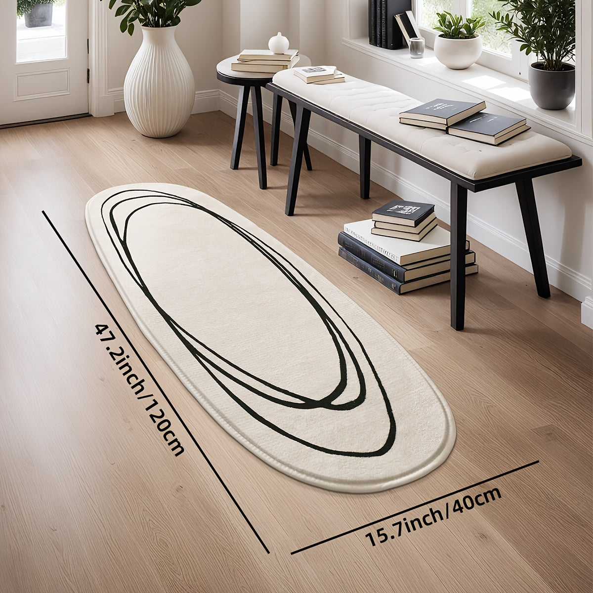 1pc DAJIANG Modern Abstract Oval Area Mat - Soft, Fluffy & Non-Slip Runner Mat with Striped and Solid Color Design for Bedroom