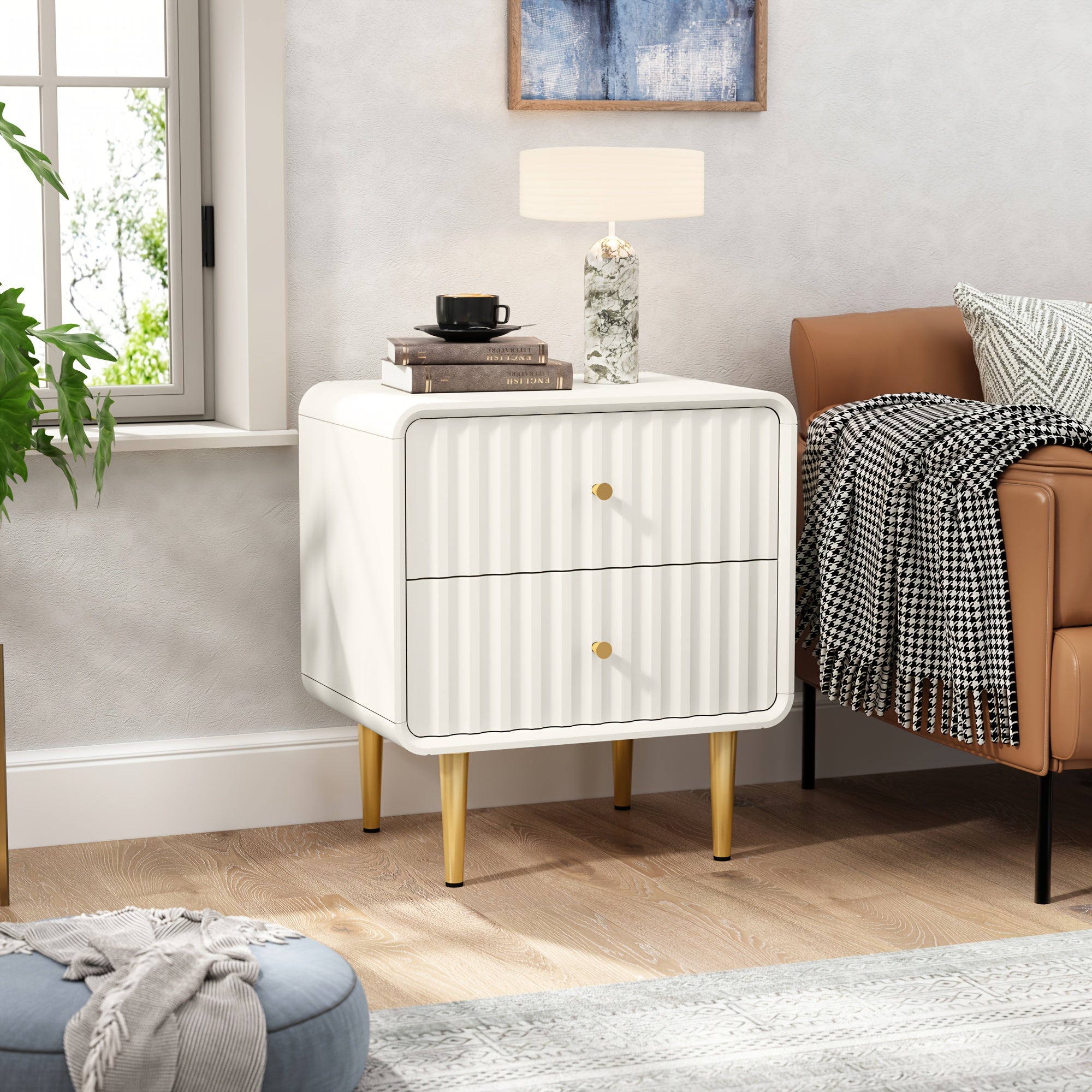 Modern Nightstand, Fluted Bed Side Table with 2 Drawers Storage, Wood End Table with Golden Metal Handle, Night Stands for Bedroom