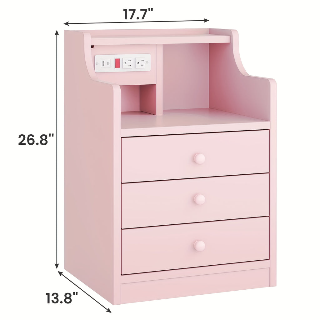 Three Drawer Pink Nightstand with Charging Station