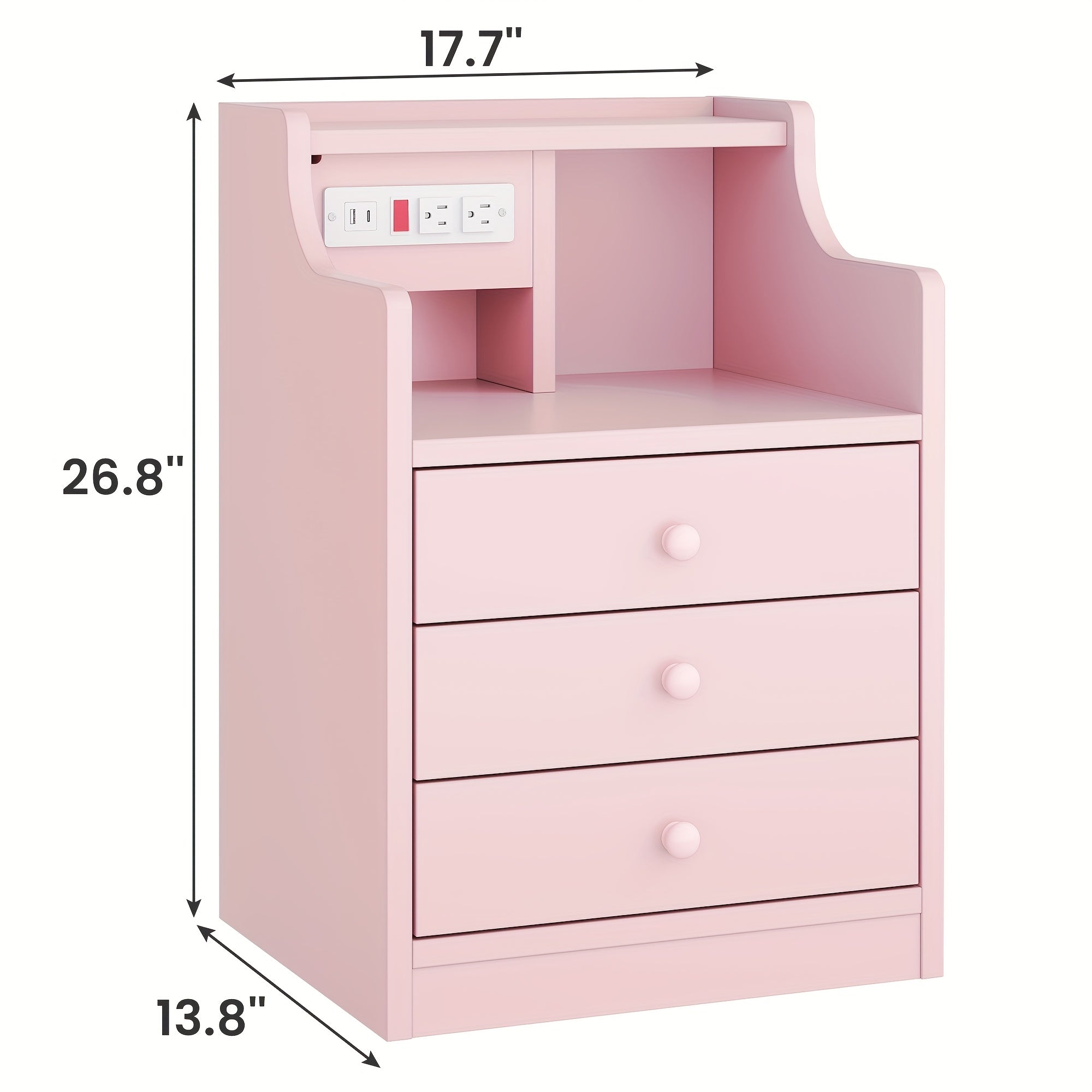 Three Drawer Pink Nightstand with Charging Station