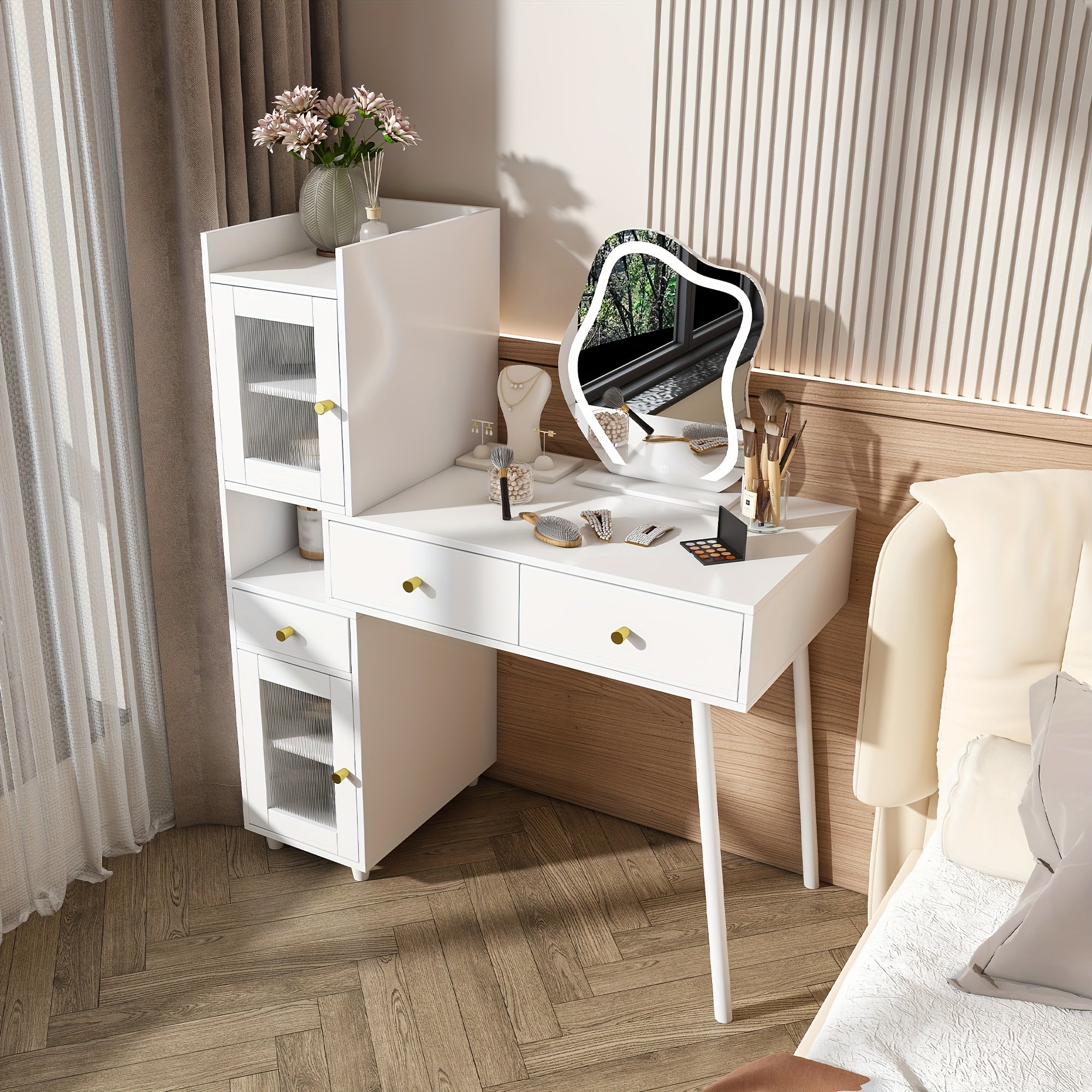 Montary Bedroom Dressing Table, Mirror With LED Light, 3 Storage Drawers, 2 Open Storage Shelves And 4 Cabinets With Transparent Doors