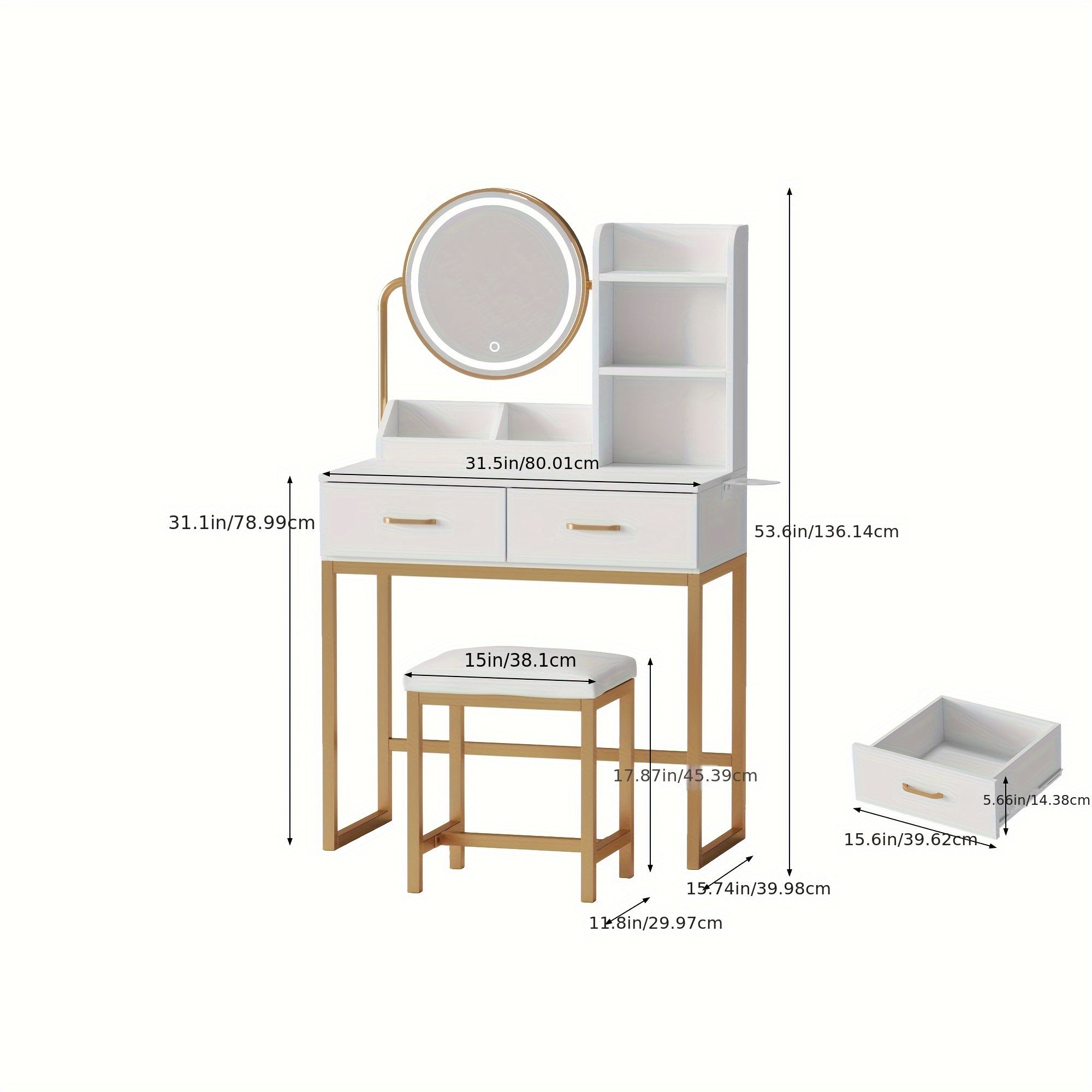 Vanity Desk with Mirror And Lights, Makeup Vanity Table Set with Storage Stool & Charging Station