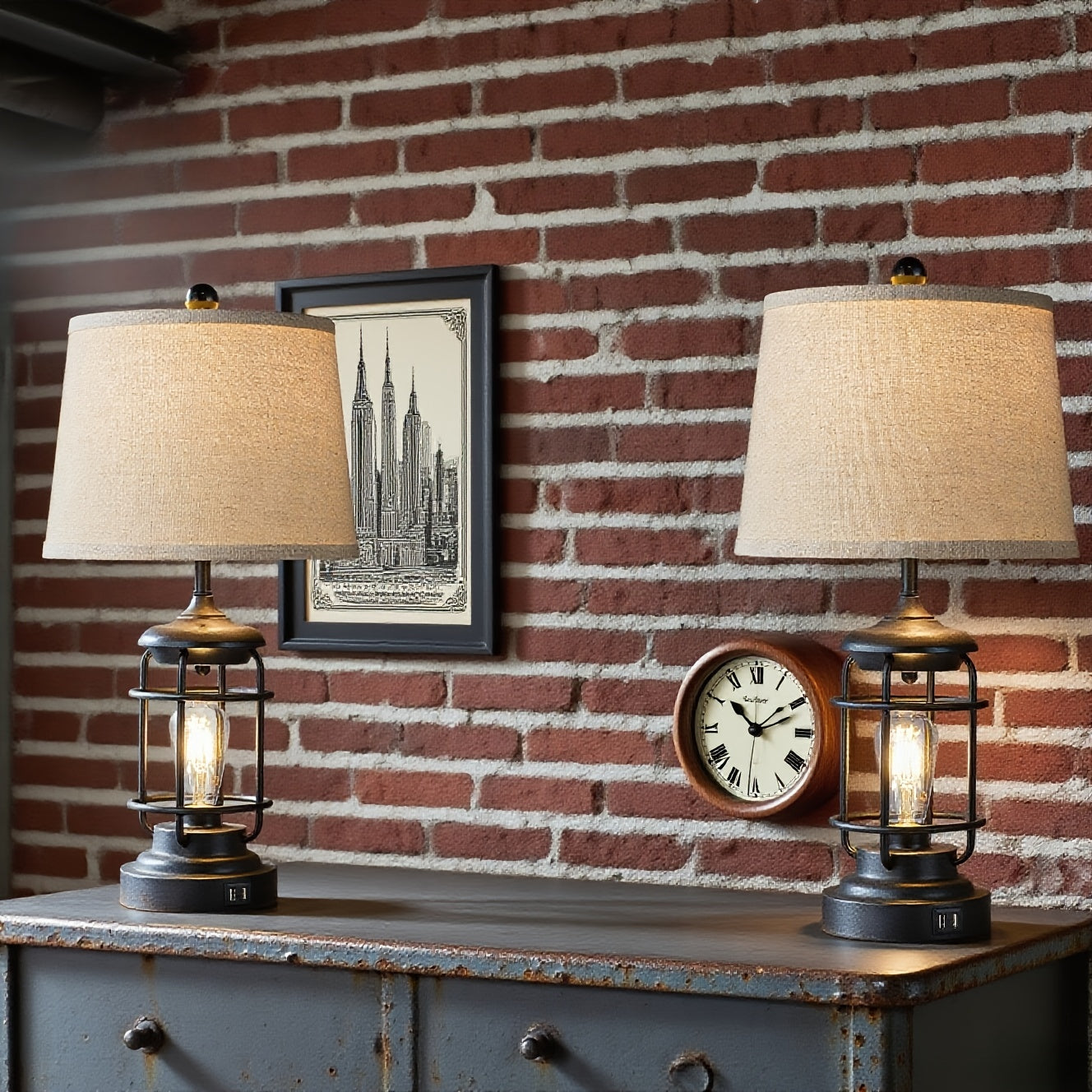 2 Set Farmhouse Table Lamps with 4 LED Bulbs, 9W Bright Rotary Switch Top Light + Touch Contorl 3 Way Dimmable Bird Cage Nightstand Light