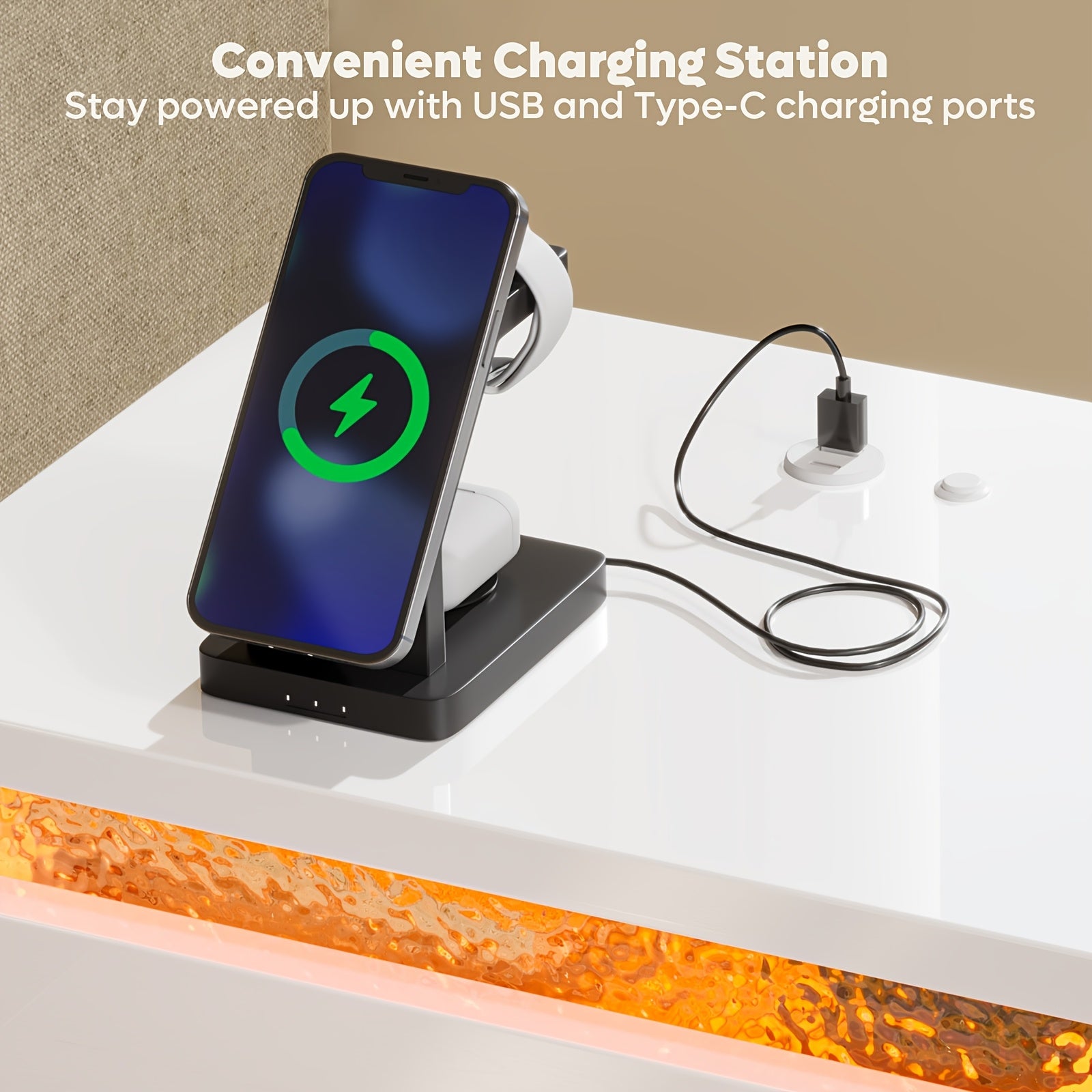 Pinmoco Set of 2 Nightstands with USB Charging Ports, Modern High Gloss Night Stand with LED Lights