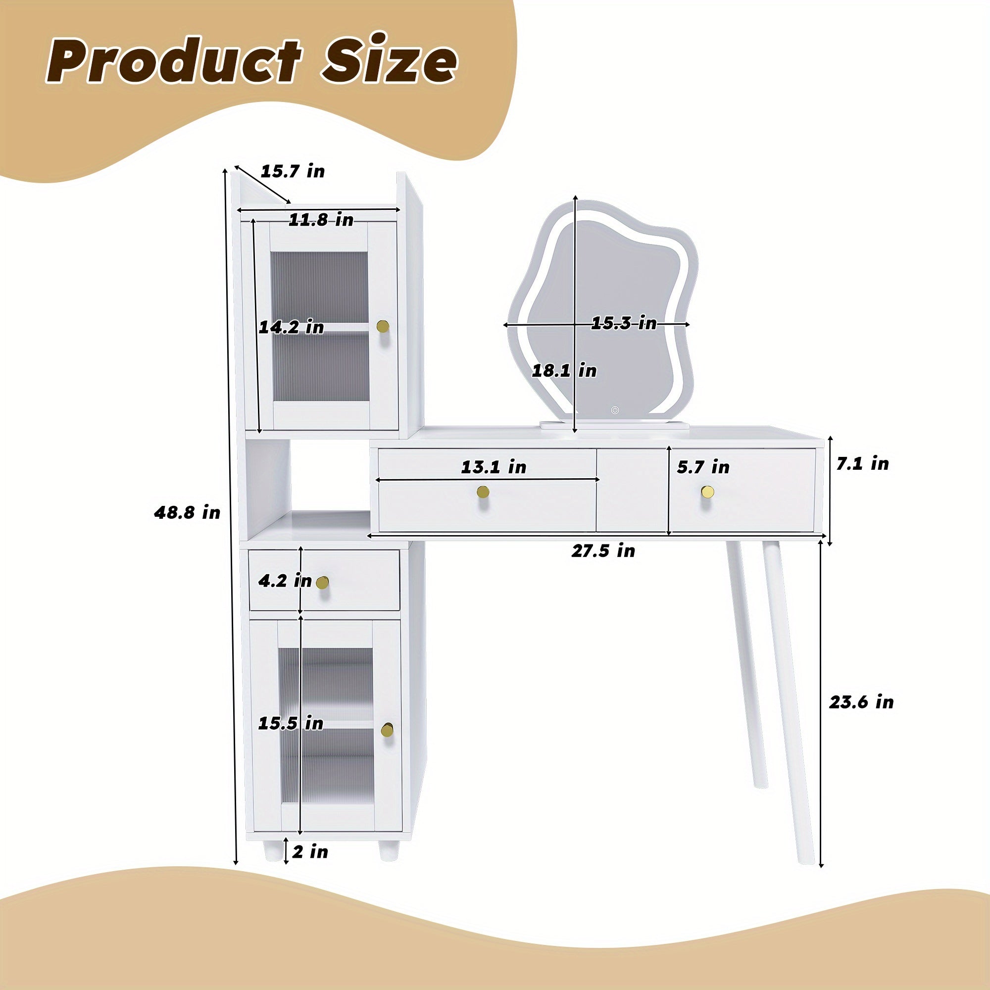 Montary Bedroom Dressing Table, Mirror With LED Light, 3 Storage Drawers, 2 Open Storage Shelves And 4 Cabinets With Transparent Doors