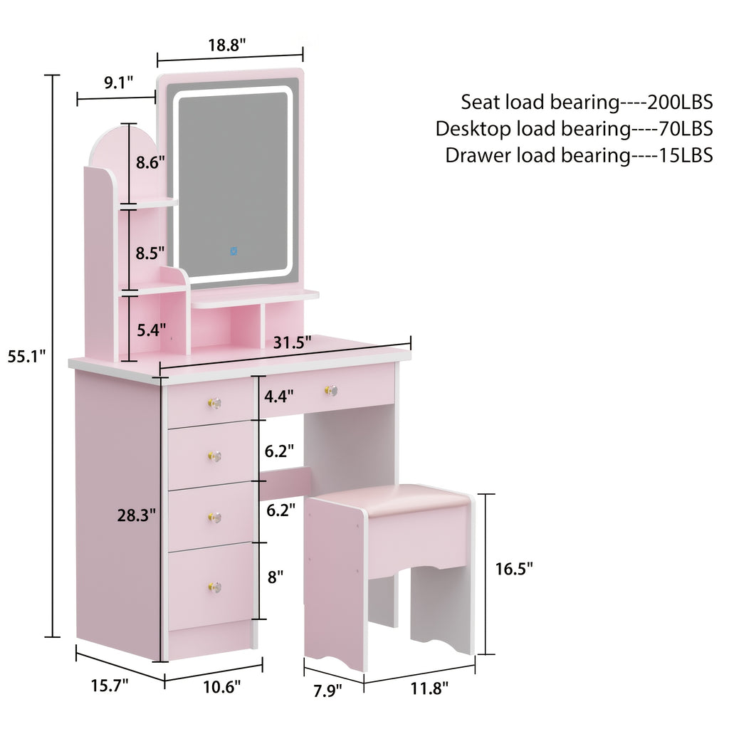Modern Vanity with Mirrors Modern Vanity with Mirrors, 5 Drawers, Shelves and Chair