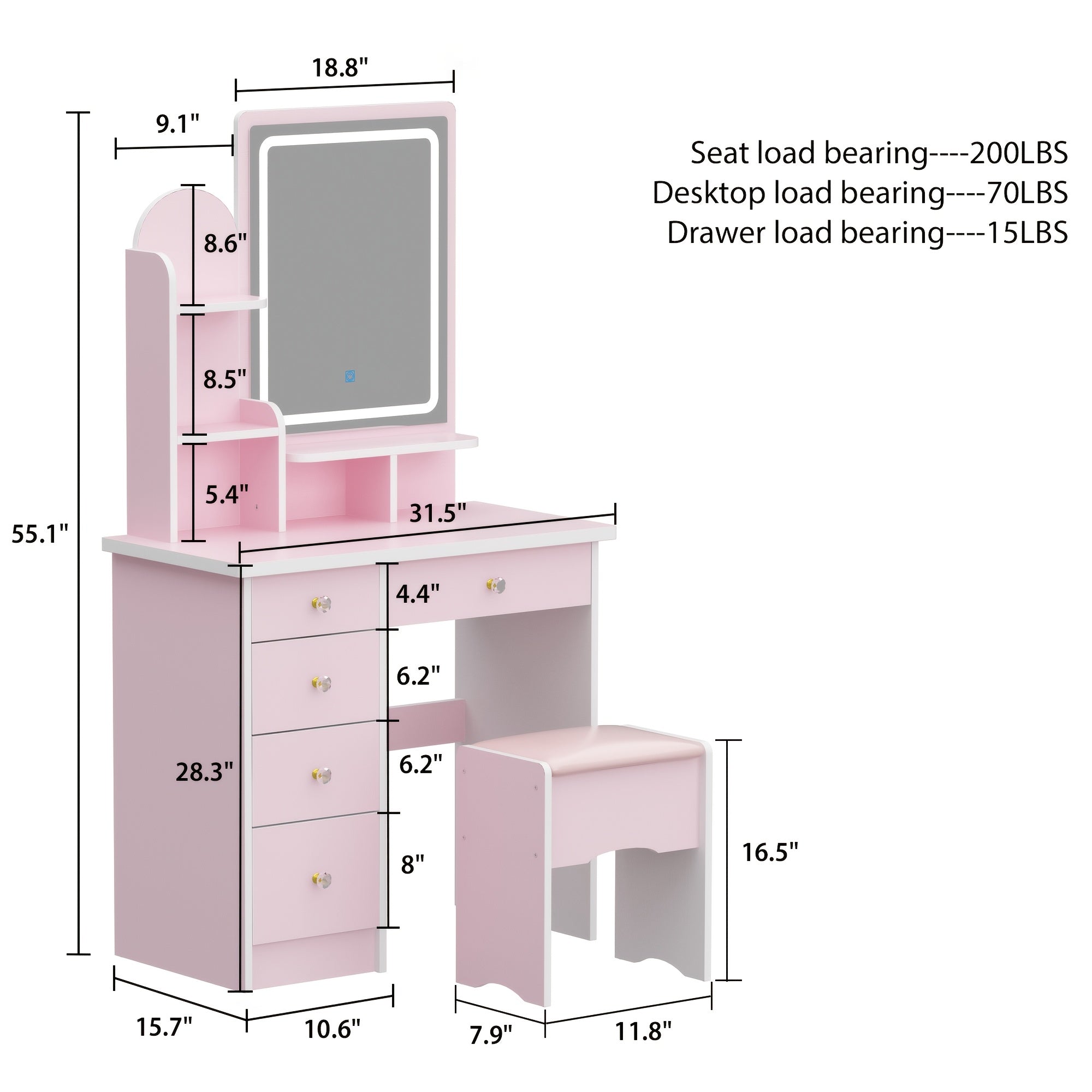Modern Vanity with Mirrors Modern Vanity with Mirrors, 5 Drawers, Shelves and Chair