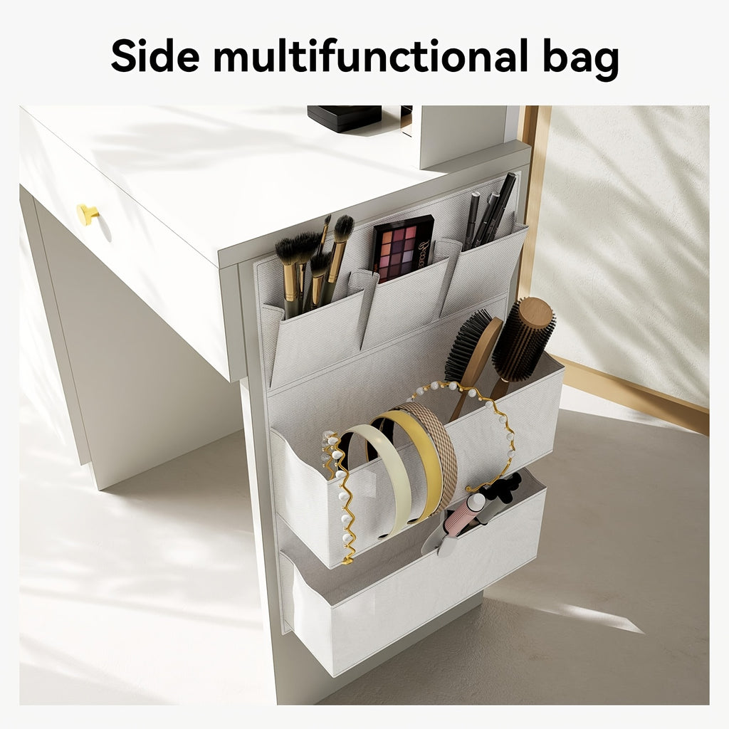 Oneinmil Vanity Table with LED Lights & Mirror - White Makeup Desk with Storage Drawers, Side Bag