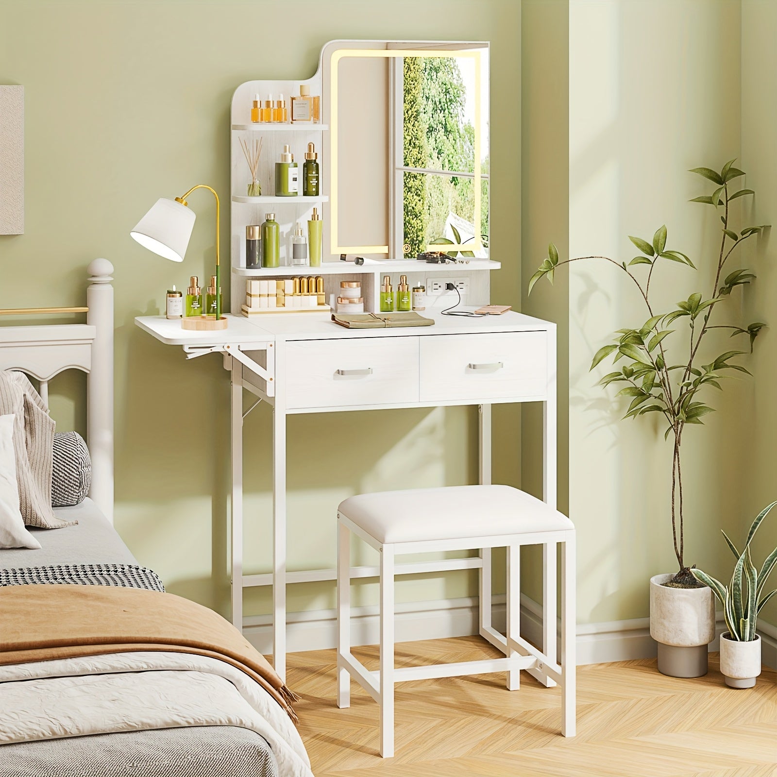 WHONLINE Makeup Vanity Desk with Mirror And Lights, Small Vanity with Fabric Storage Drawer & Chair & Shelves