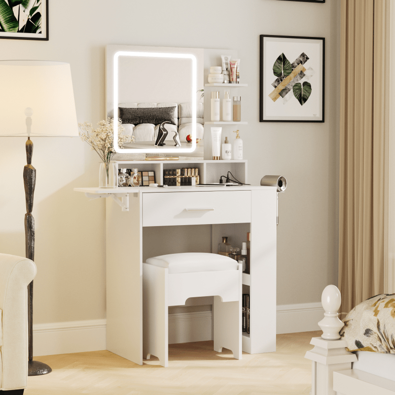 Elegant Hardwood Dressing Table with Mirror, Lighting, and Charging Station for Bedroom Organization
