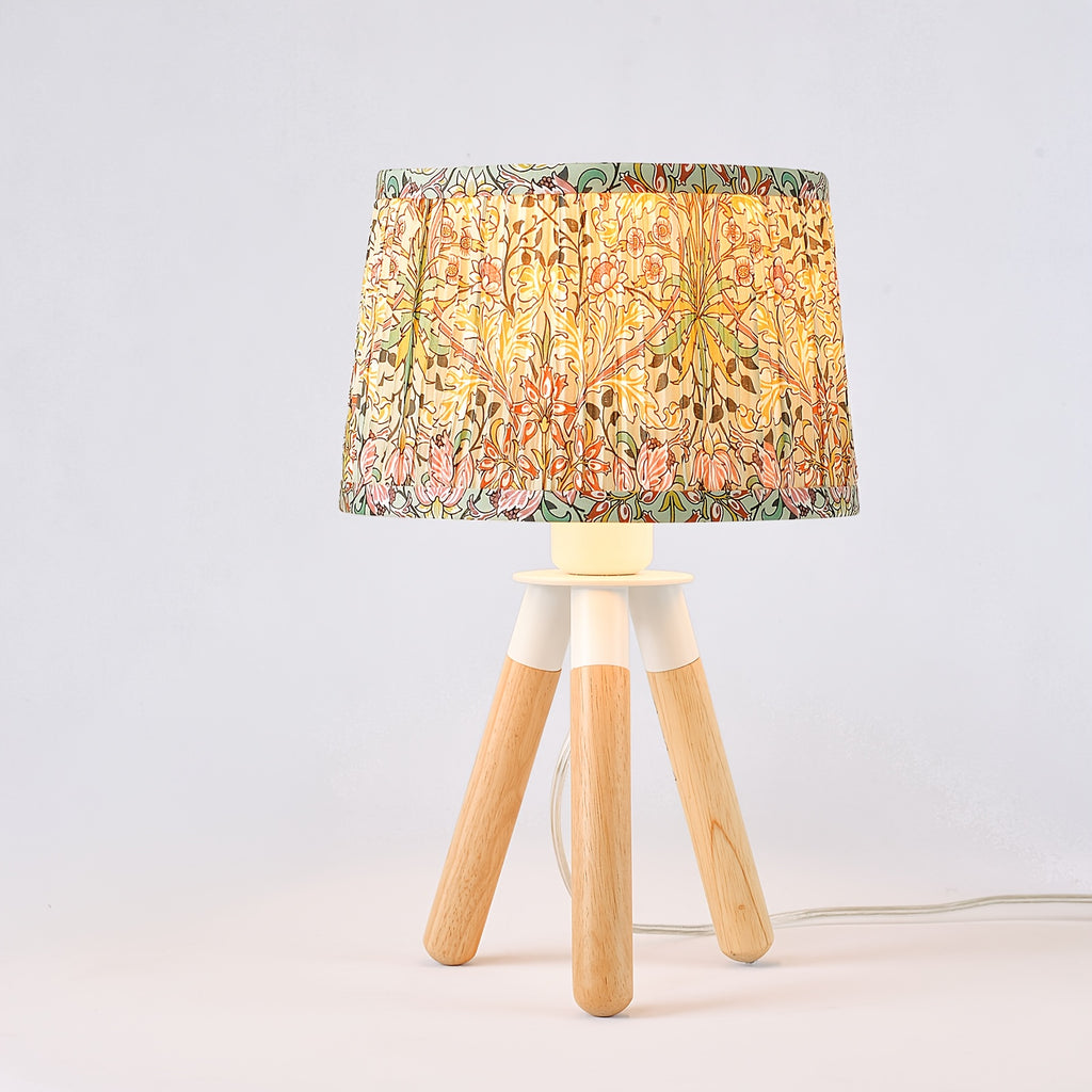 14 Inch Wooden Tripod Table Lamp with Green Ditsy Floral Shade - Cute Boho Nightstand Lamp for Girls Bedroom