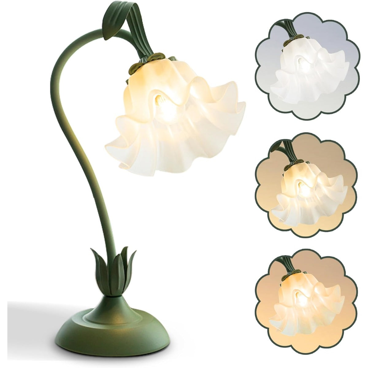 Vintage Modern Flower Table Lamp with LED Bedside Light - 3 Lighting Modes, Green Base & Soft Shade