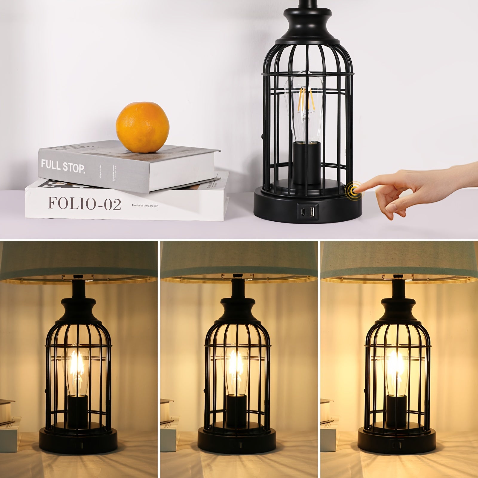 2 Set Farmhouse Table Lamps with 4 LED Bulbs, 9W Bright Rotary Switch Top Light + Touch Contorl 3 Way Dimmable Bird Cage Nightstand Light