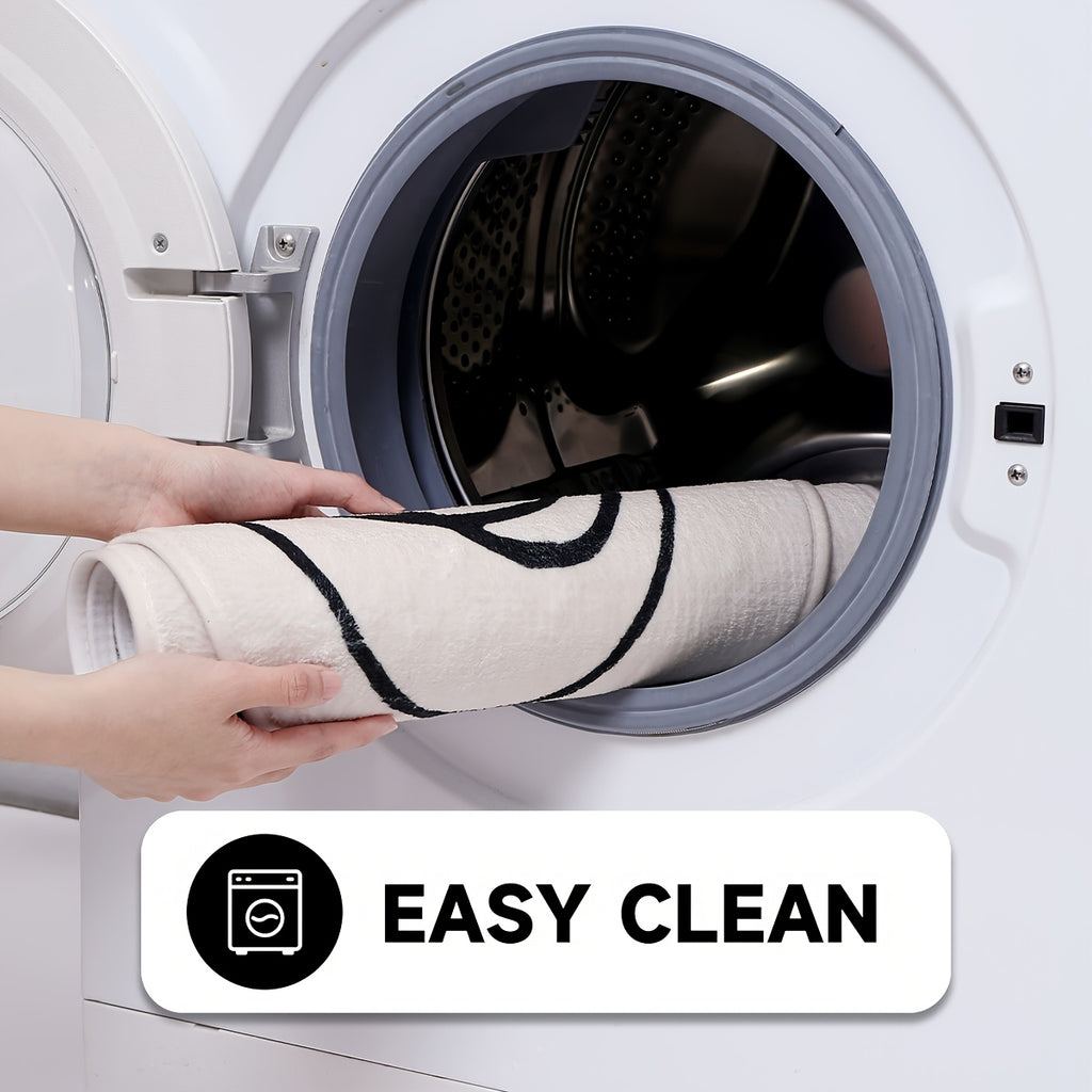 1pc DAJIANG Modern Abstract Oval Area Mat - Soft, Fluffy & Non-Slip Runner Mat with Striped and Solid Color Design for Bedroom