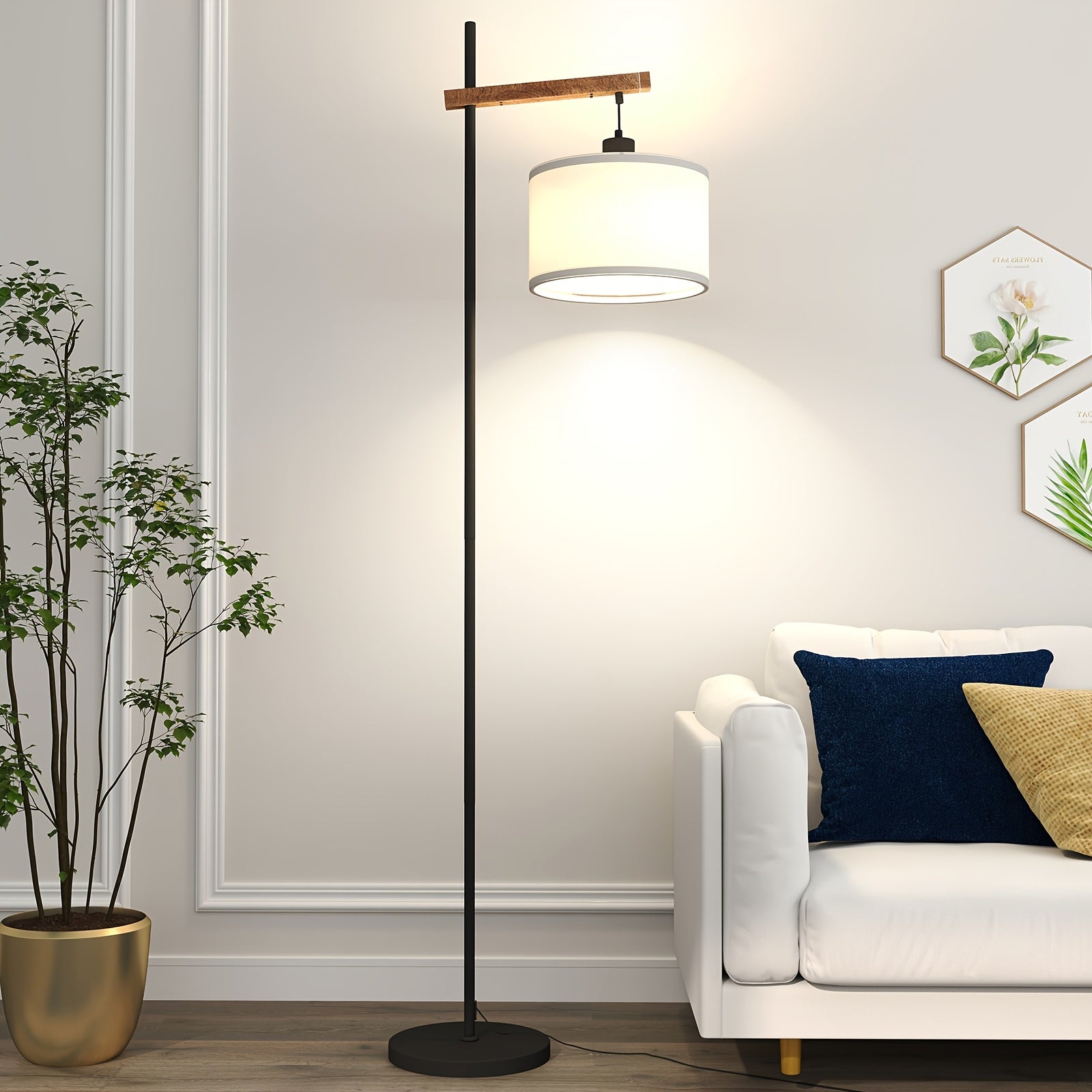 Modern Industrial Floor Lamp With Foot Wwitch - Polished Metal, Includes Beige Shade For Living Room