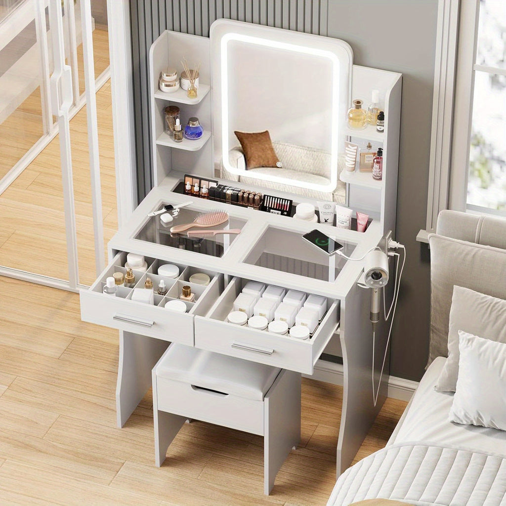 Vanity Desk with Mirror and Lights, Small Vanity Table for Bedroom with Lots Storage, Cute Vanity Makeup Table, 3 Lighting Modes