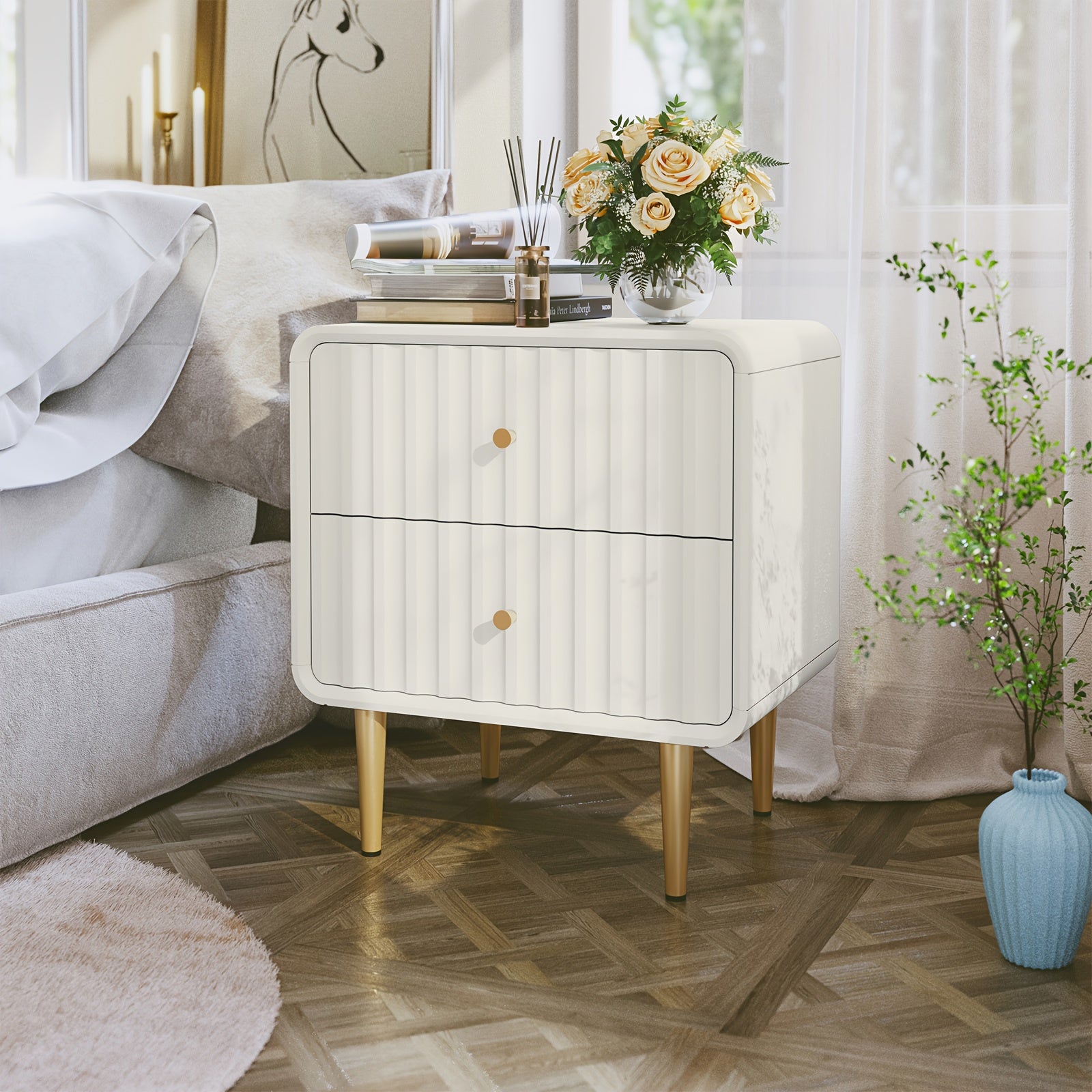 Modern Nightstand, Fluted Bed Side Table with 2 Drawers Storage, Wood End Table with Golden Metal Handle, Night Stands for Bedroom