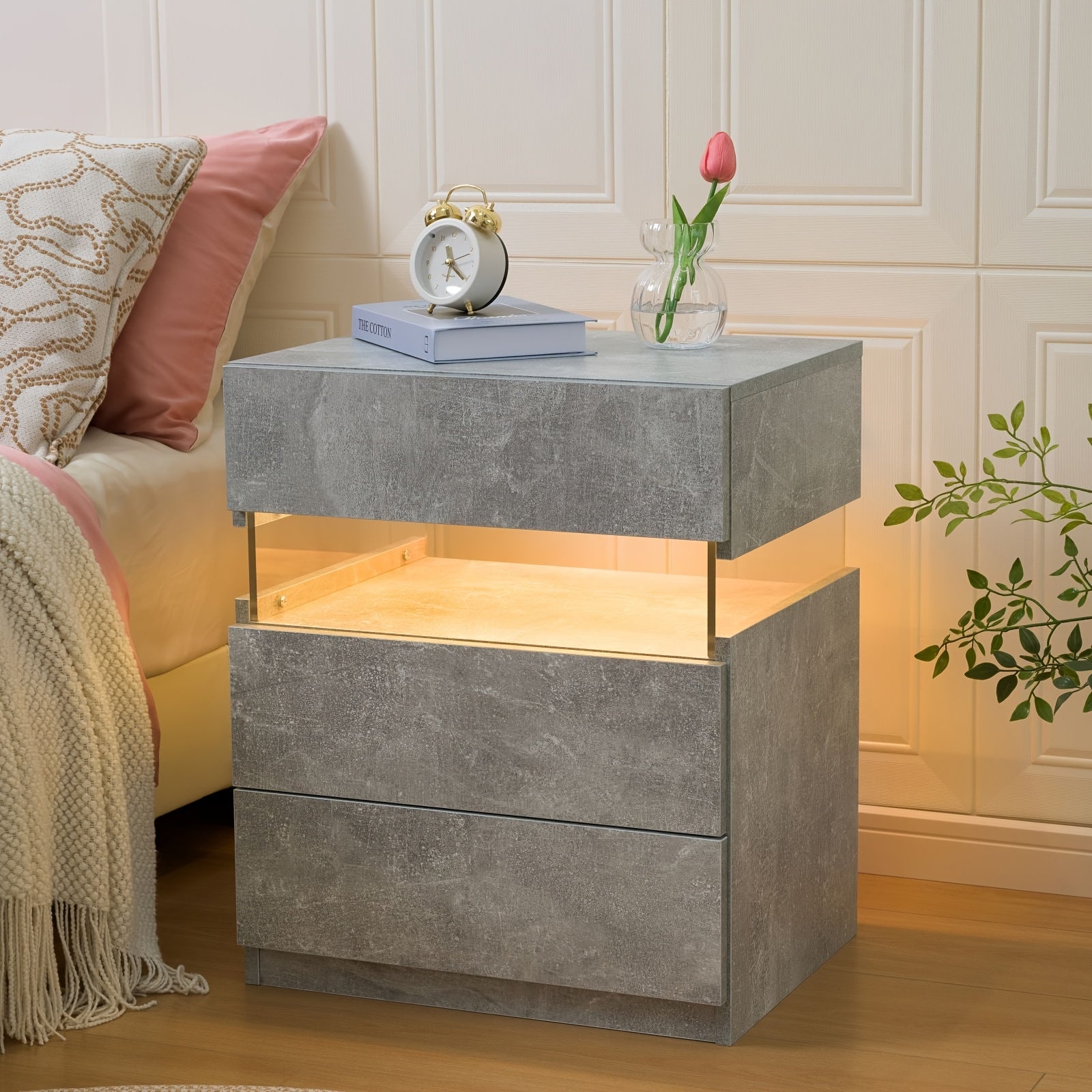Modern LED Bedside Table with 2 Drawers - White Wooden Nightstand, 3.2+ Cubic Feet Storage, 27\