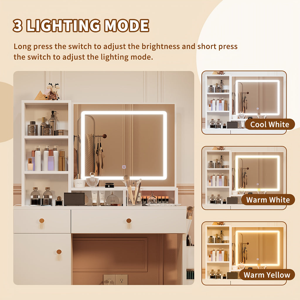 Makeup Vanity Desk With LED Lighted Mirror & Power Outlet, Vanity Table With Storage Cabinet