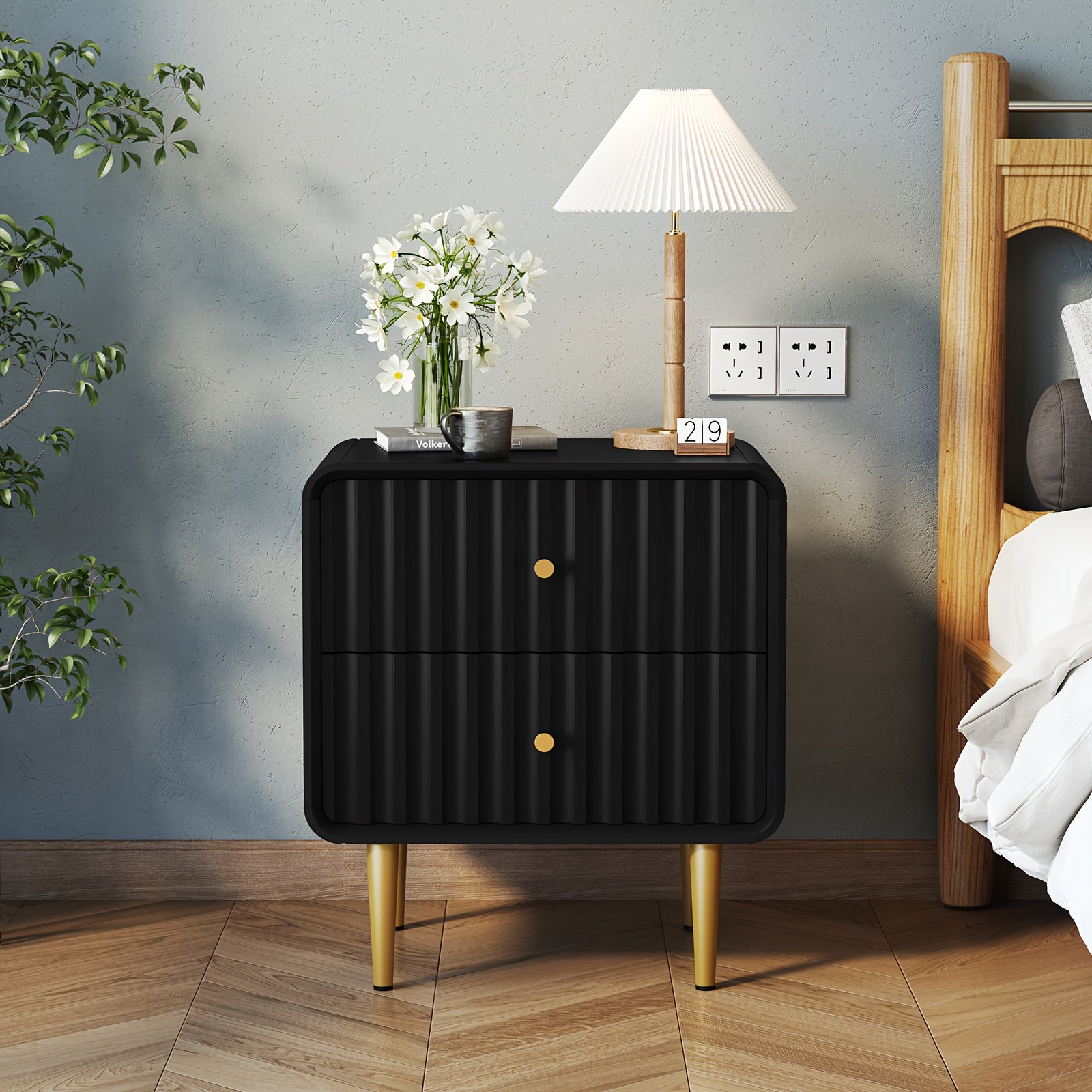 Modern Nightstand, Fluted Bed Side Table with 2 Drawers Storage, Wood End Table with Golden Metal Handle, Night Stands for Bedroom