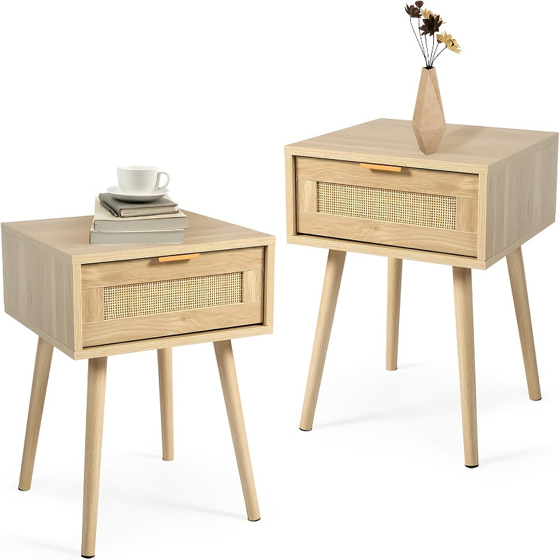 Kinder King Nightstands Set Of 2 with Rattan Drawer, Modern Night Stand for Bedrooms