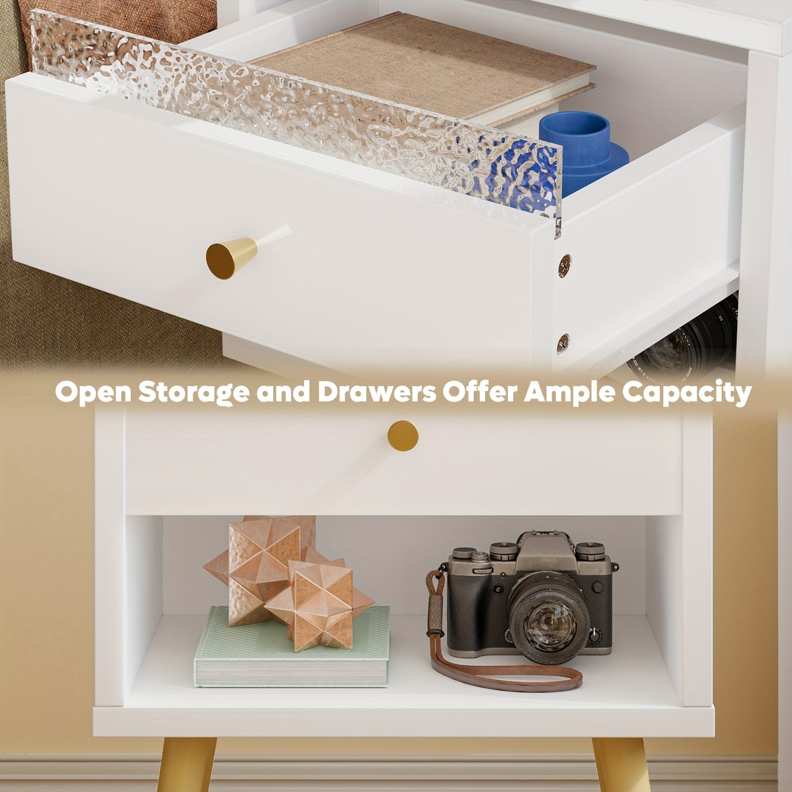 Pinmoco Set of 2 Nightstands with USB Charging Ports, Modern High Gloss Night Stand with LED Lights